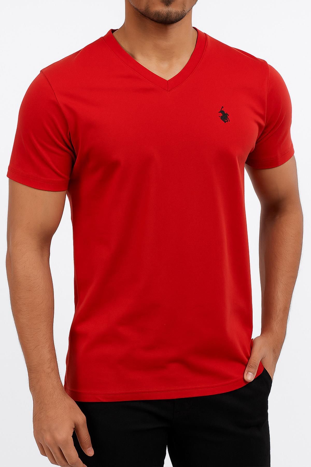 Polo Republica & CO Erkek Kırmızı V Yaka Regular Fit Basic Tişört C2T0N2O2