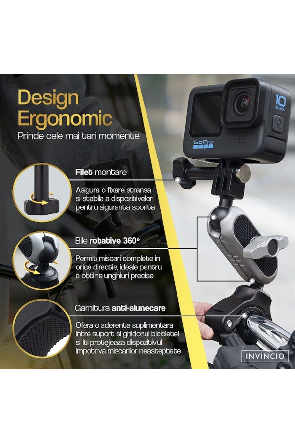 INVINCIO-Adjustable Handlebar Holder Invincio Ride for Phones or Action Cameras, 360° Dual Articulated Rotat 3