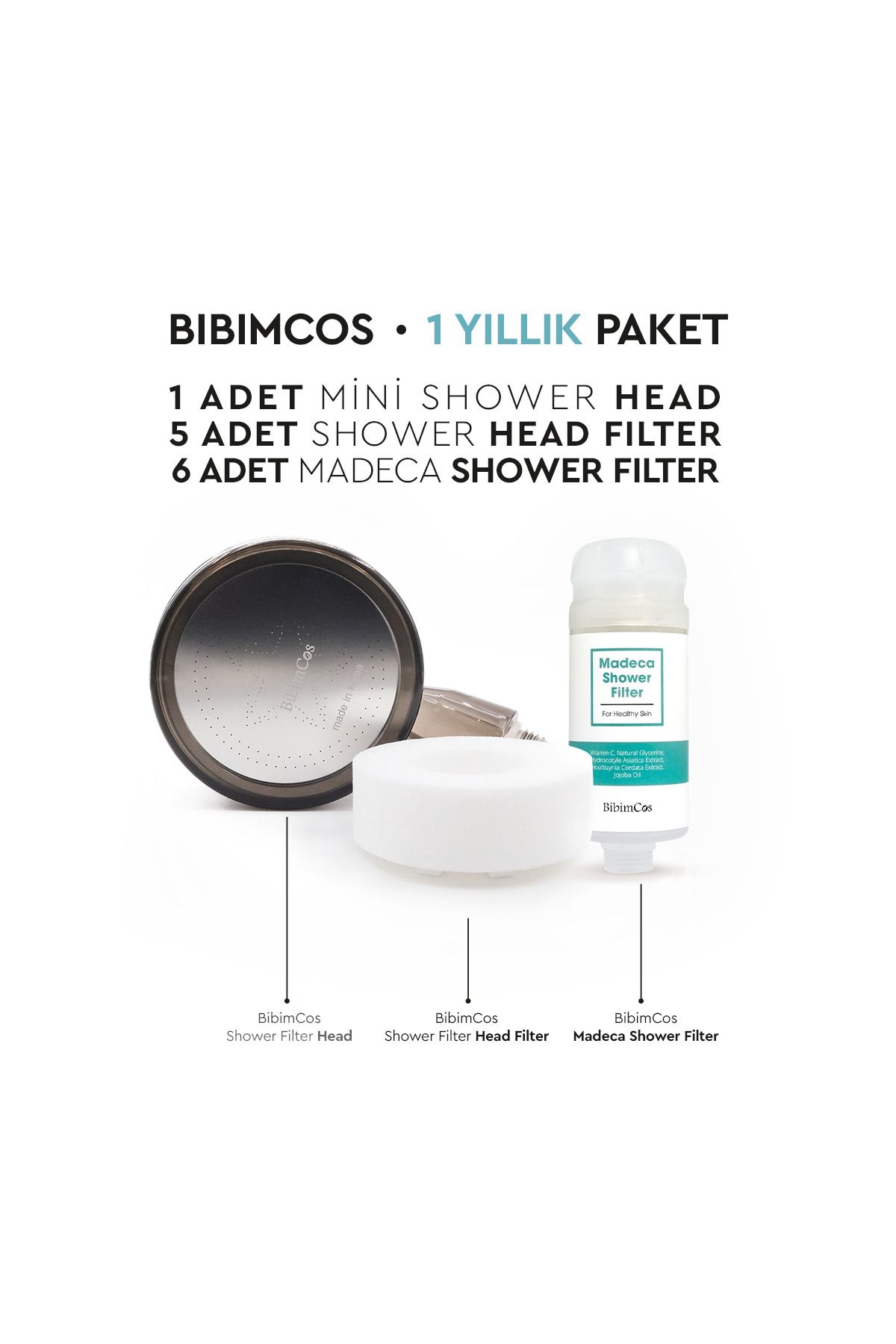 Bibimcos Mini Duş Başlığı + 5 Yedek Filtre + 6 Madeca Duş Filtresi (1 Yıllık Set)