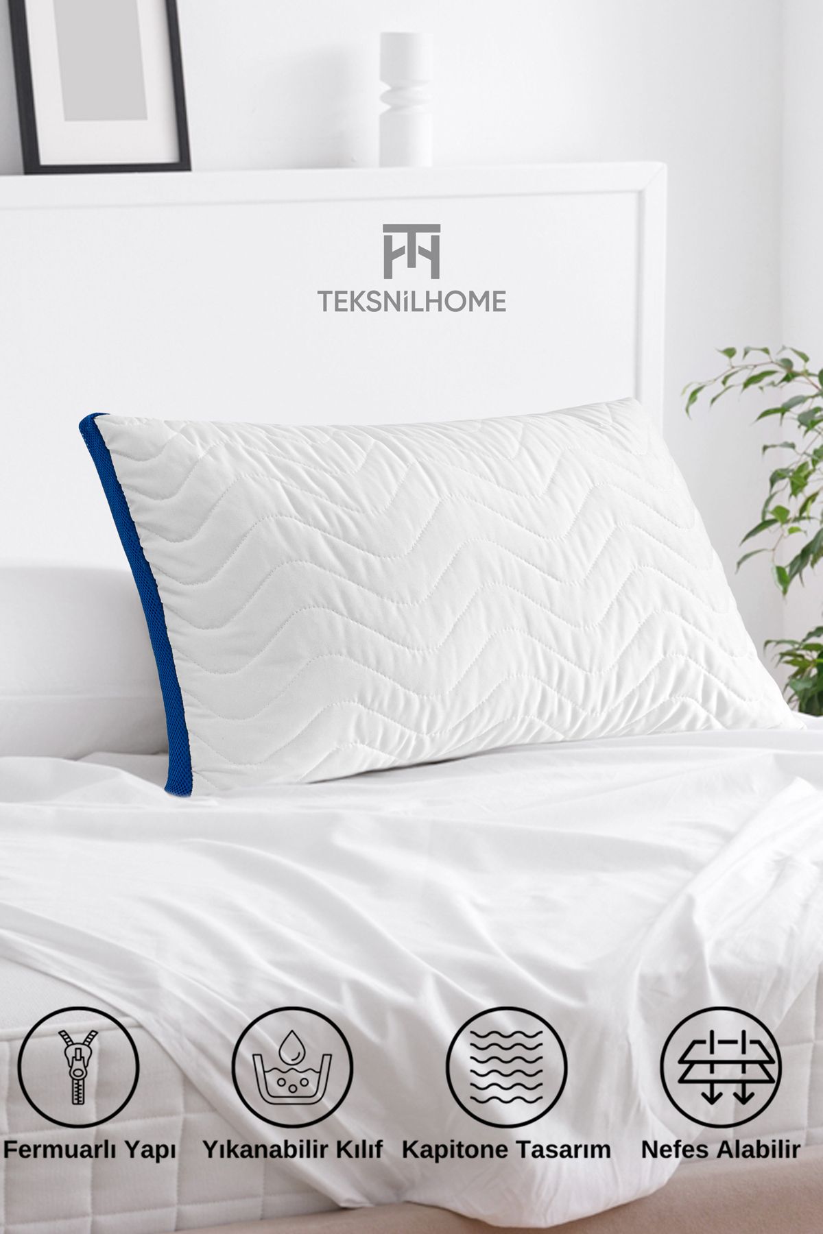 TeksNil Home Fermuarlı Klimalı Yastık 900 Gram Kapitoneli Boncuk Silikon Yastık Mavi 50x70 cm