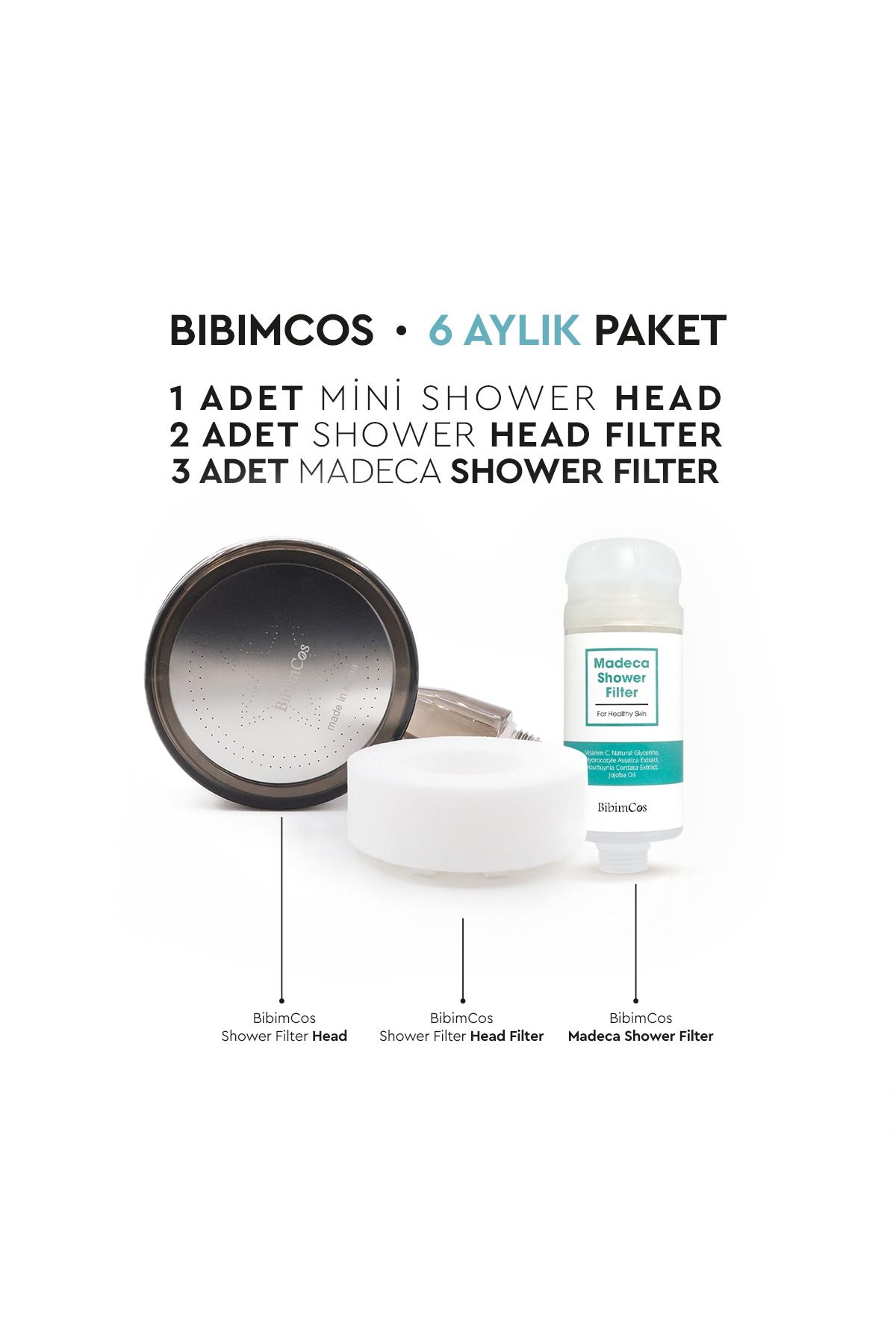 Bibimcos Mini Duş Başlığı + 2 Yedek Filtre + 3 Madeca Duş Filtresi (6 Aylık Set)