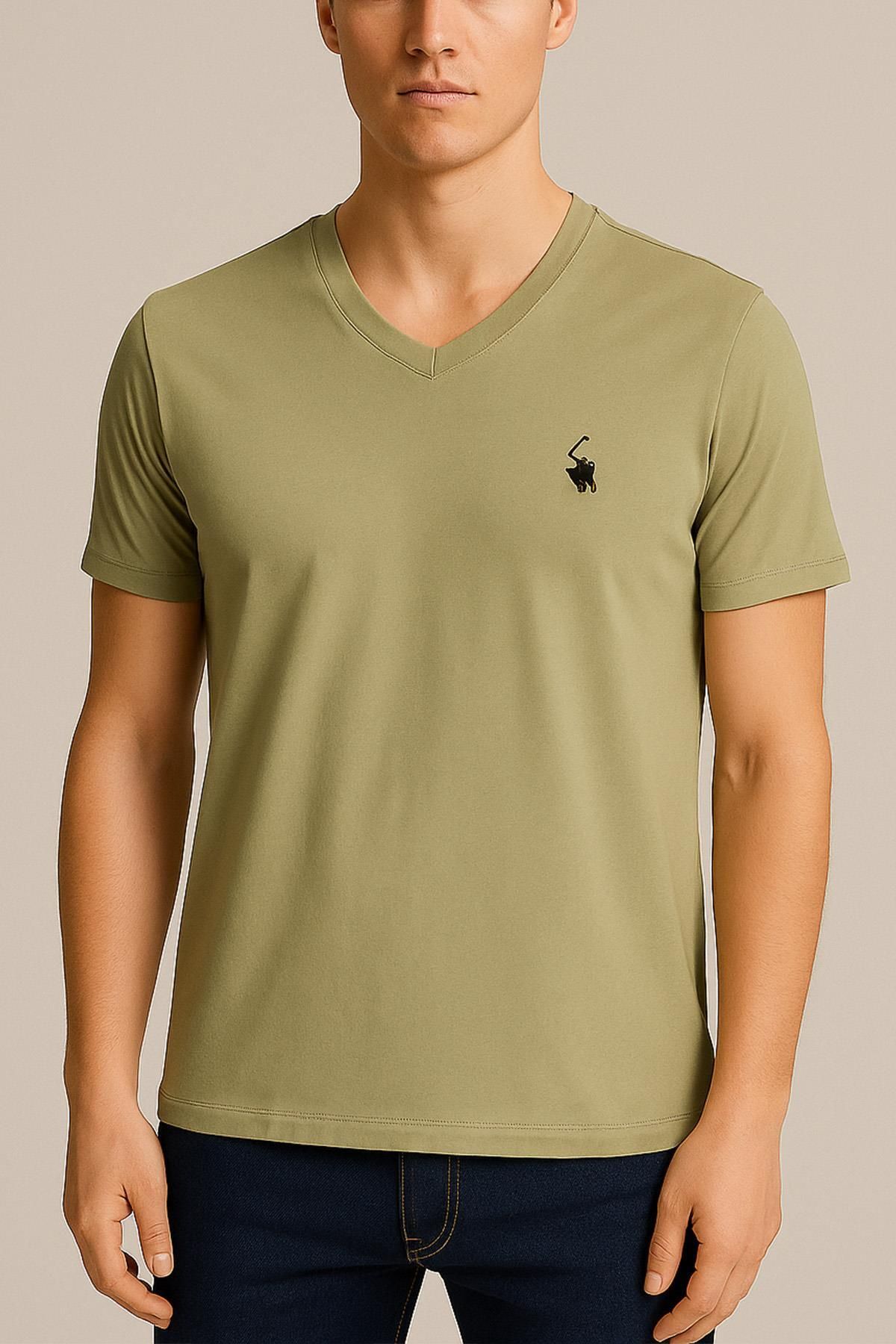 Polo Republica & CO Erkek Haki V Yaka Regular Fit Basic Tişört C2T0N2O2