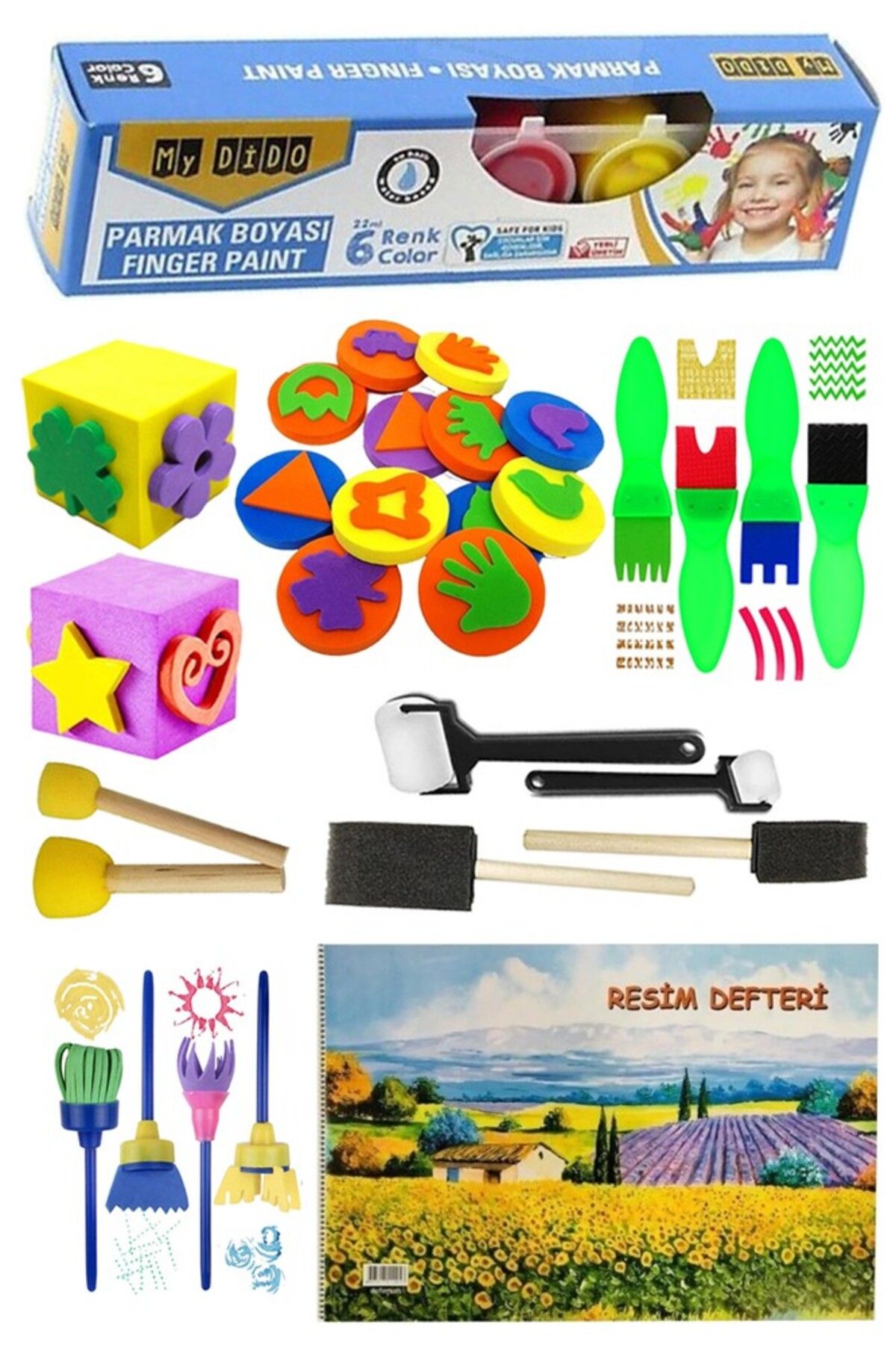 Artlantis Parmak Boyası 6 Renk Mydido Resim Defteri 25x35 Sünger Eva Baskı Damga Spatula Rulo Kesik Sünger Eva