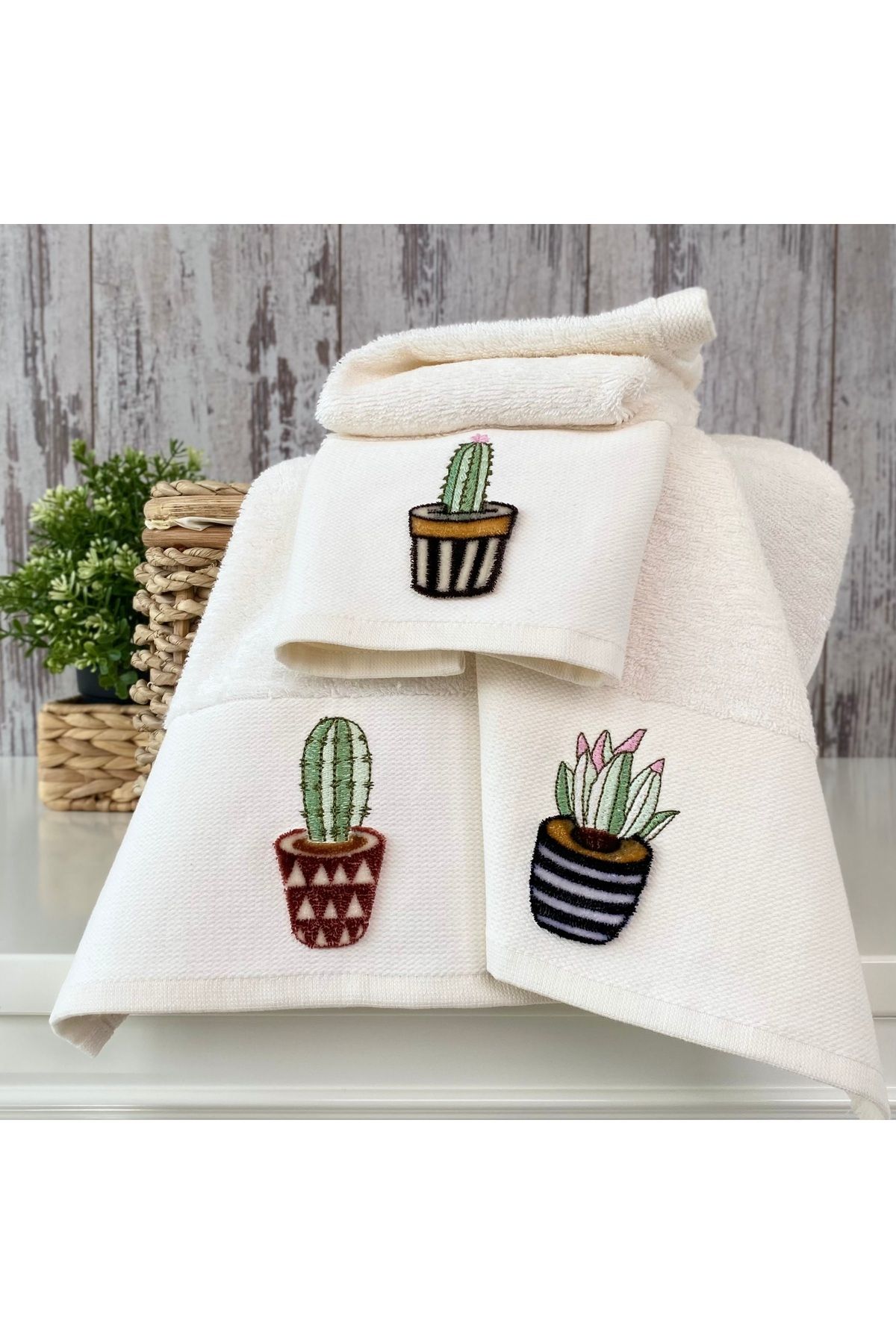 MARİBOR Kaktüs - Tafting Nakışlı Mutfak Havlusu %70 Bambu / %30 Pamuk - Krem 3'lü Set 30x50
