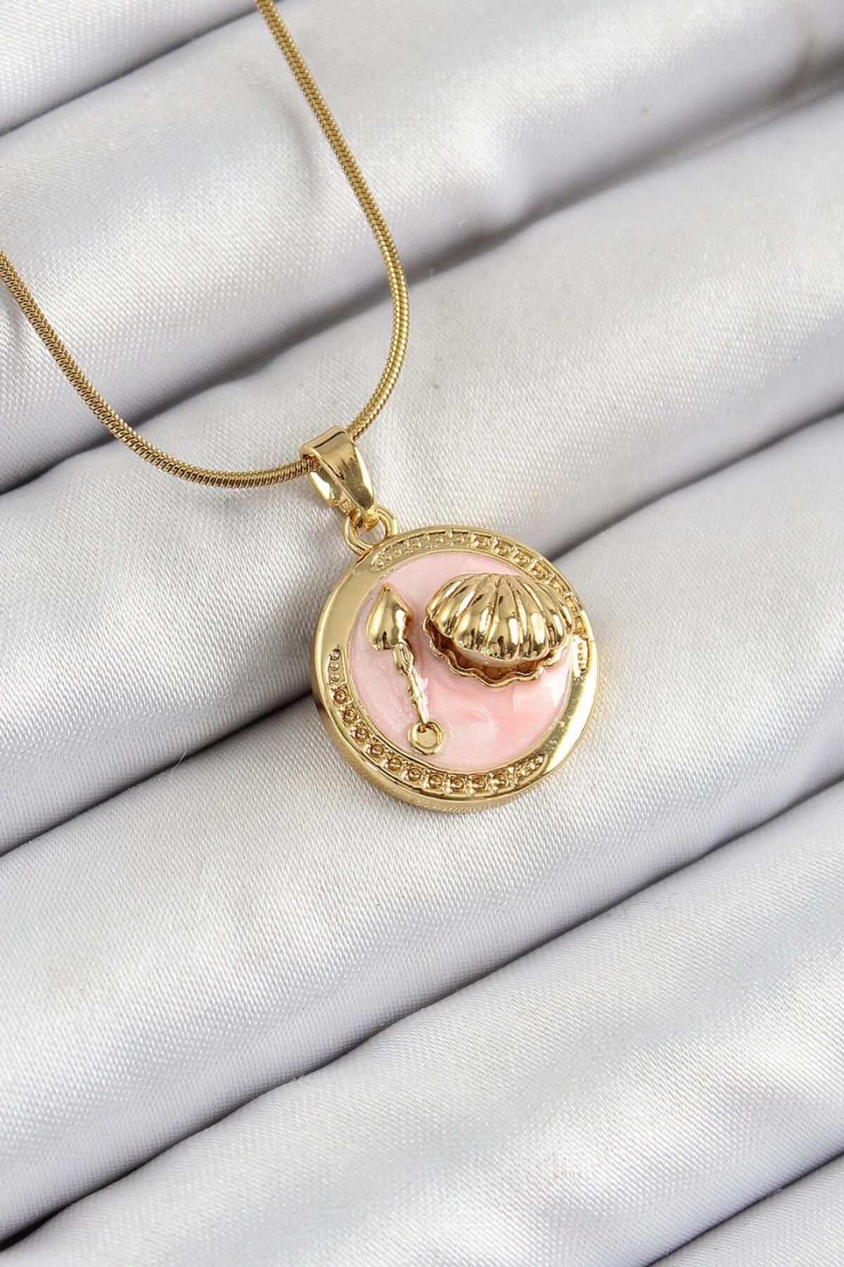 AfraBeauty 925 Ayar Paslanmaz Çelik Zincir Pembe Mineli Sanatsal Portre İstiridye Model Gold Renk Kadın Kolye