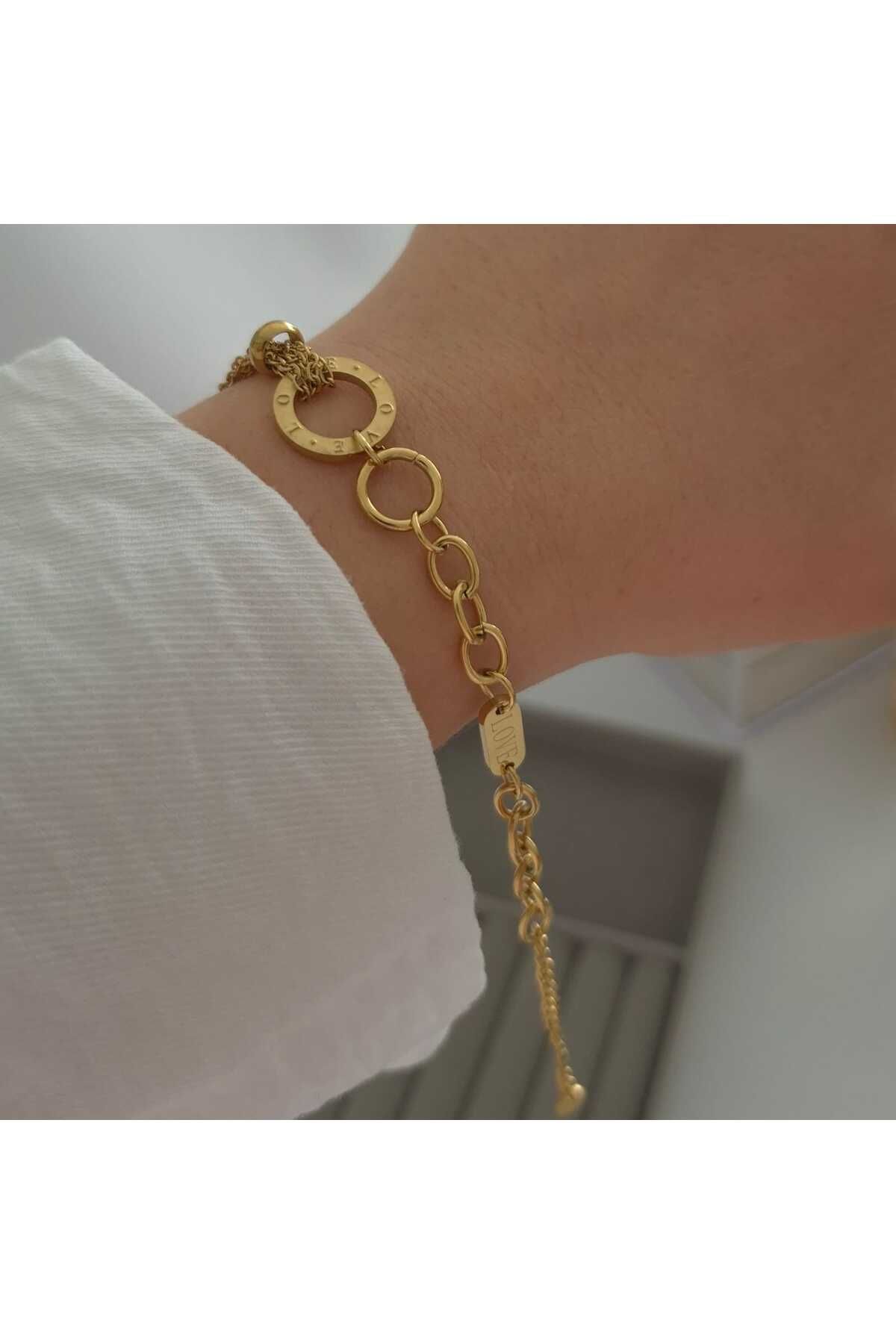 Betül Çekiç Çelik Gold Renk Love Yazılı Kadın Özel Seri Zincir Bileklik