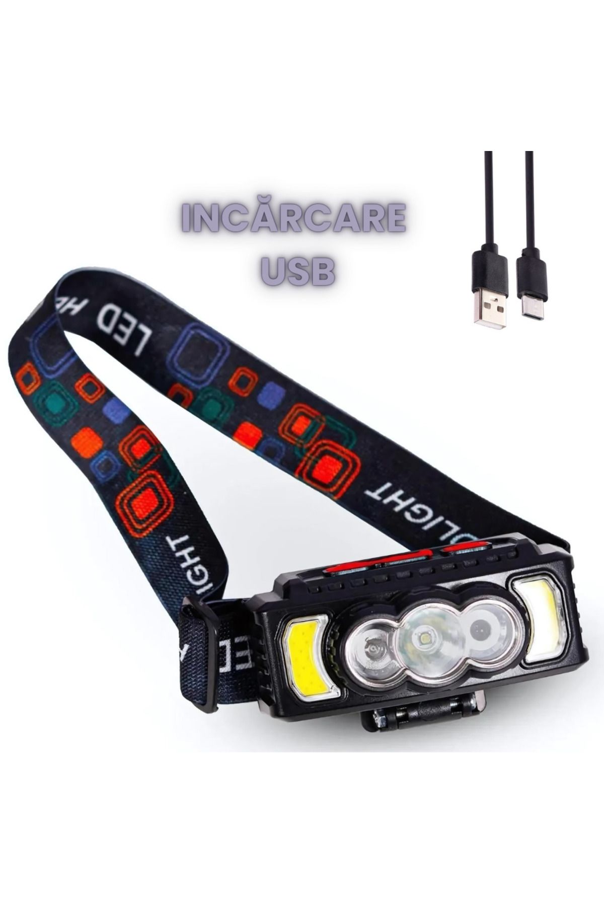 Generic-HX-810 headlamp with 5 extra powerful LEDs and 7 lighting modes, red COB LED, rechargeable battery 6