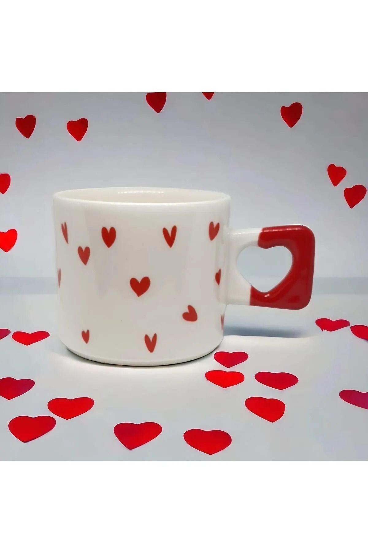Kırtasiye Ofisi Minimalist Kırmızı Kalp Desenli El Yapımı Doğal Seramik Kalp Kupa Mug - Çay & Kahve Fincanı