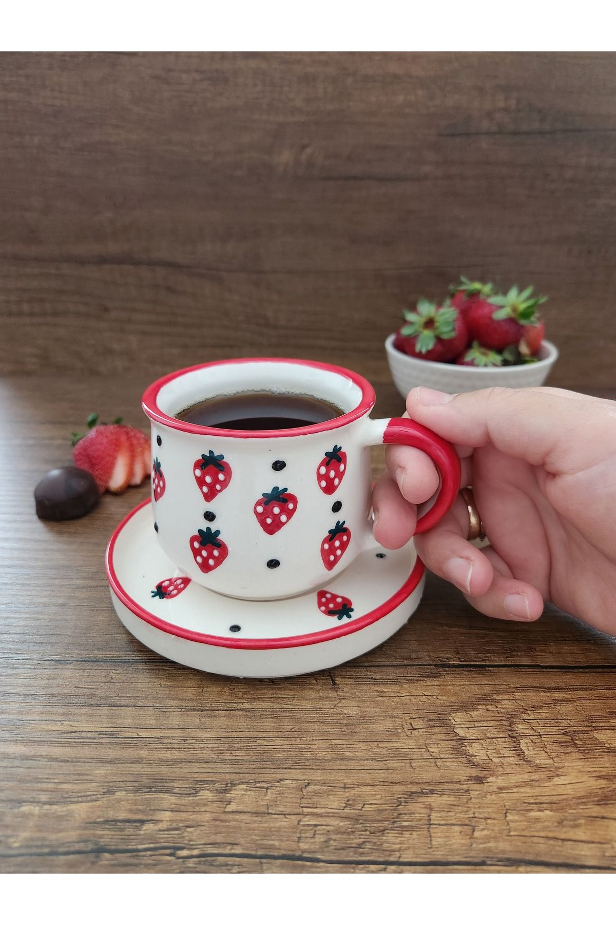 AyBİEN Aybien çilek bahçesi,bahar esintisi kupa&tabak takımı,strawberry love seramik takım,mug set