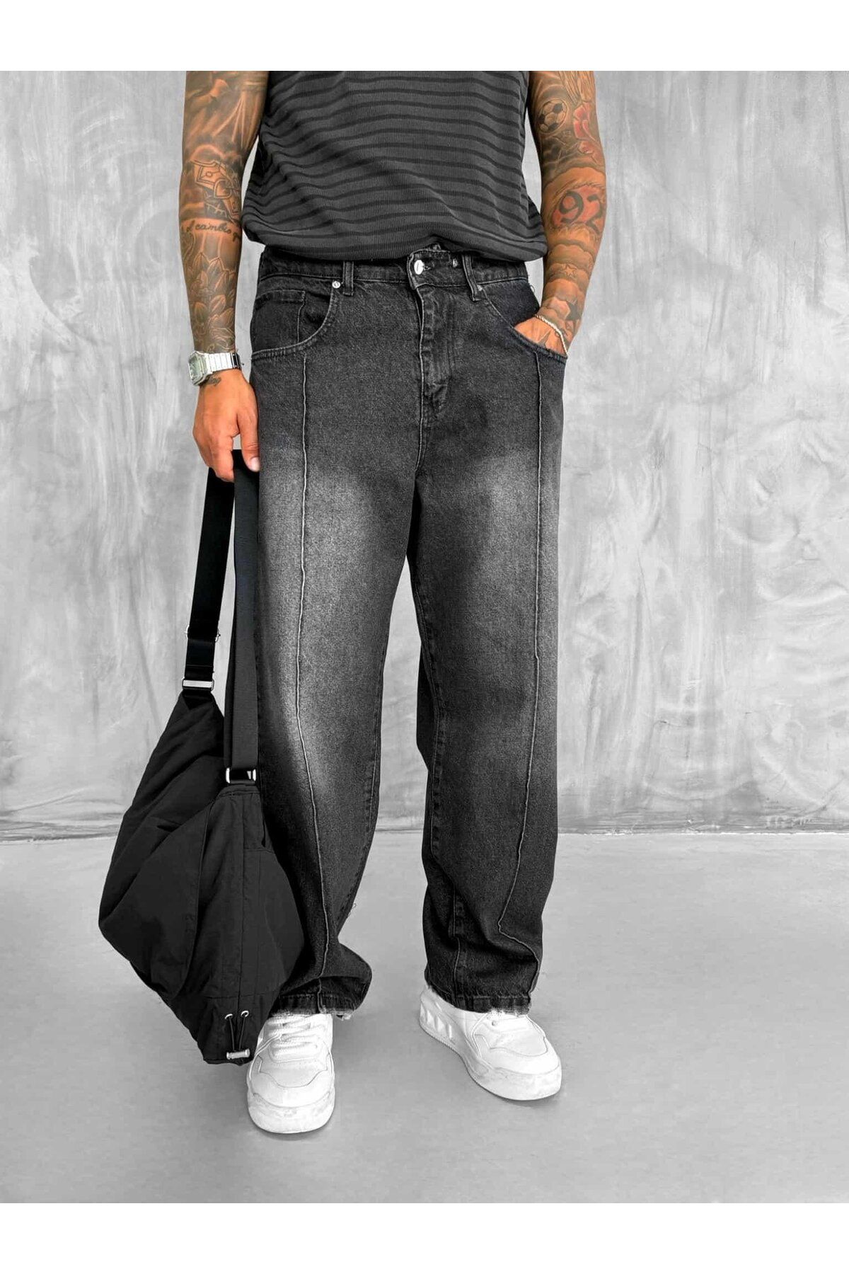 ablukaonline Erkek Ön Dikiş Detaylı Vintage Baggy Jean Siyah