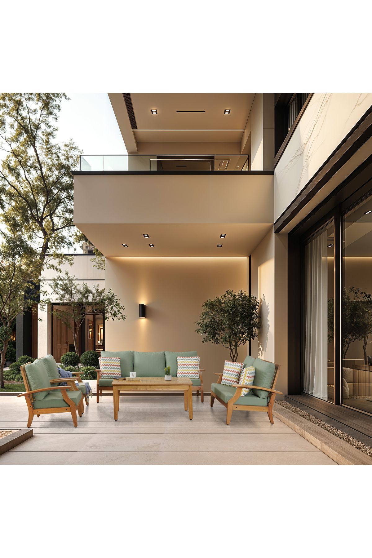 YASÜ Natural Ahşap Balkon Bahçe Takım Set Mobilya Oturma Grubu Masa Berjer Kanepe Sünger Minder 3211S