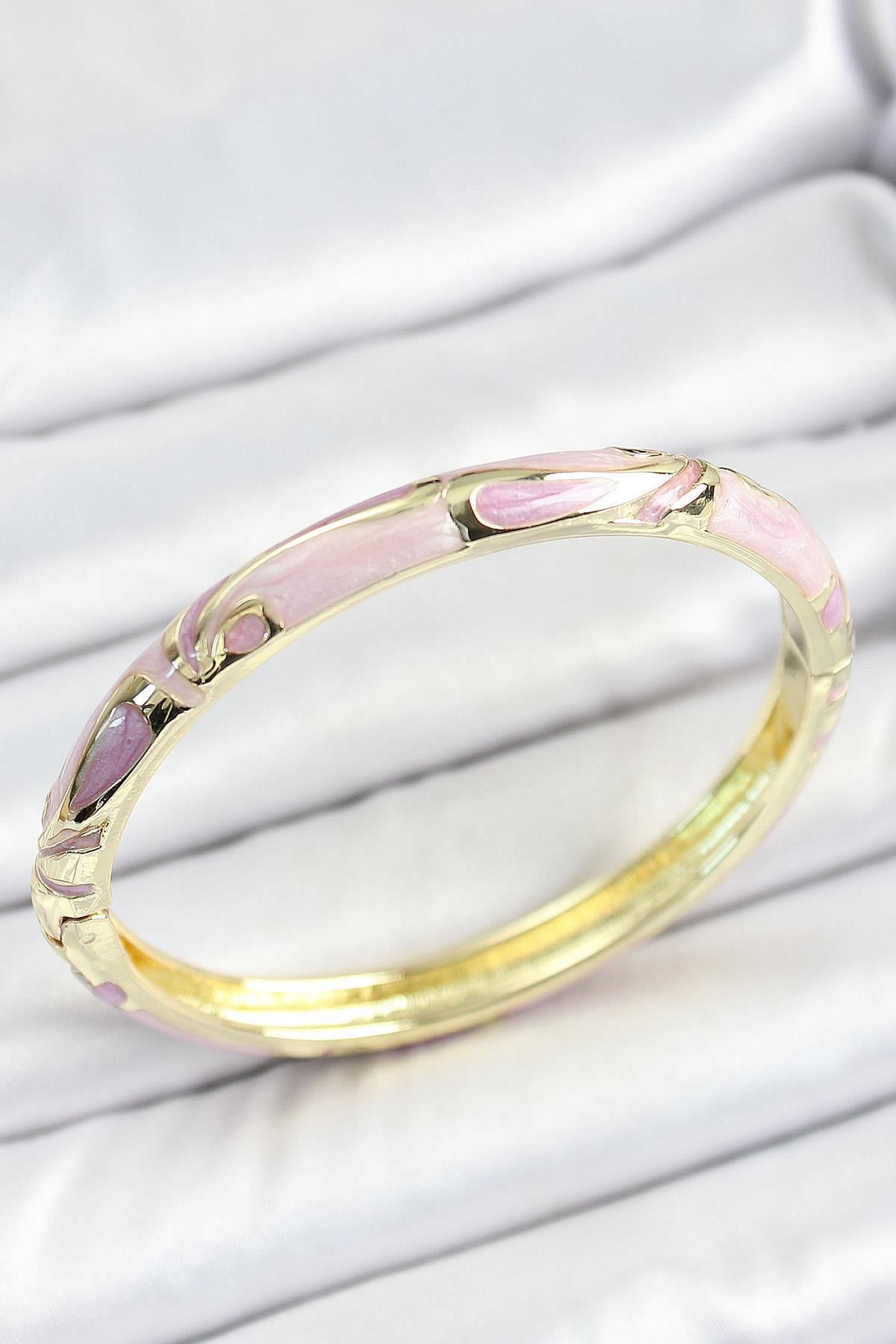 Celira Mineli Pirinç Pembe Desenli Gold Renk Kadın Kelepçe