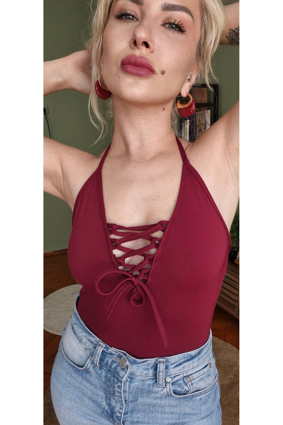 Firu Butik Boyundan Bağlamalı Çıtçıtlı Bordo Body
