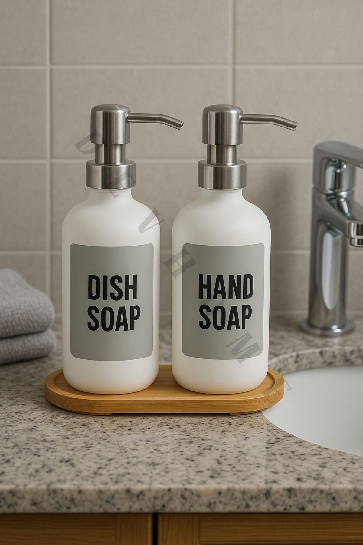 devhome Beyaz Cam İkili Sıvı Sabunluk Seti Dish & Hand Soap Yazılı Bambu Standlı Mutfak Banyo Şampuanlık