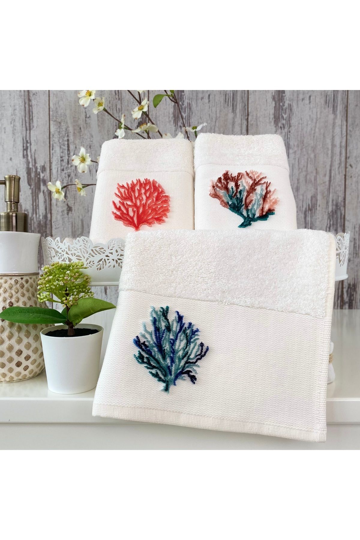 MARİBOR Mercan - Tafting Nakışlı Mutfak Havlusu %70 Bambu / %30 Pamuk - Krem 3'lü Set 30x50