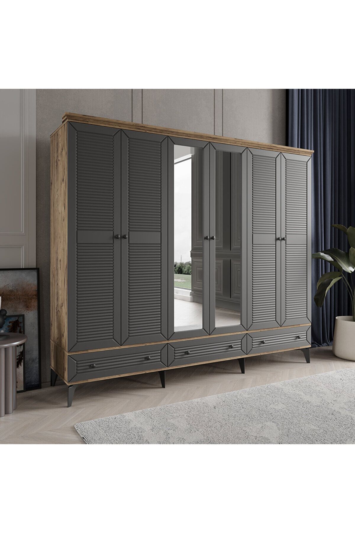DRNHOME LİNE 6 KAPAKLI ANTRASİT GARDIROP TAMAMI MDF
