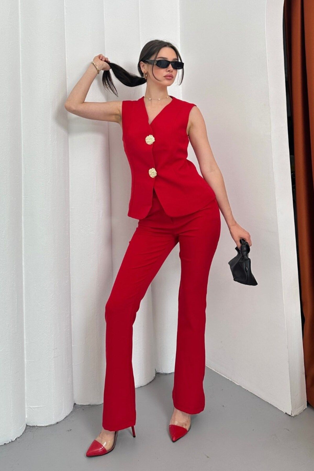 AKD Atelier Kadın İkili Alt Üst Takım Şık Düğme Detaylı Yelek Pantolon Takım