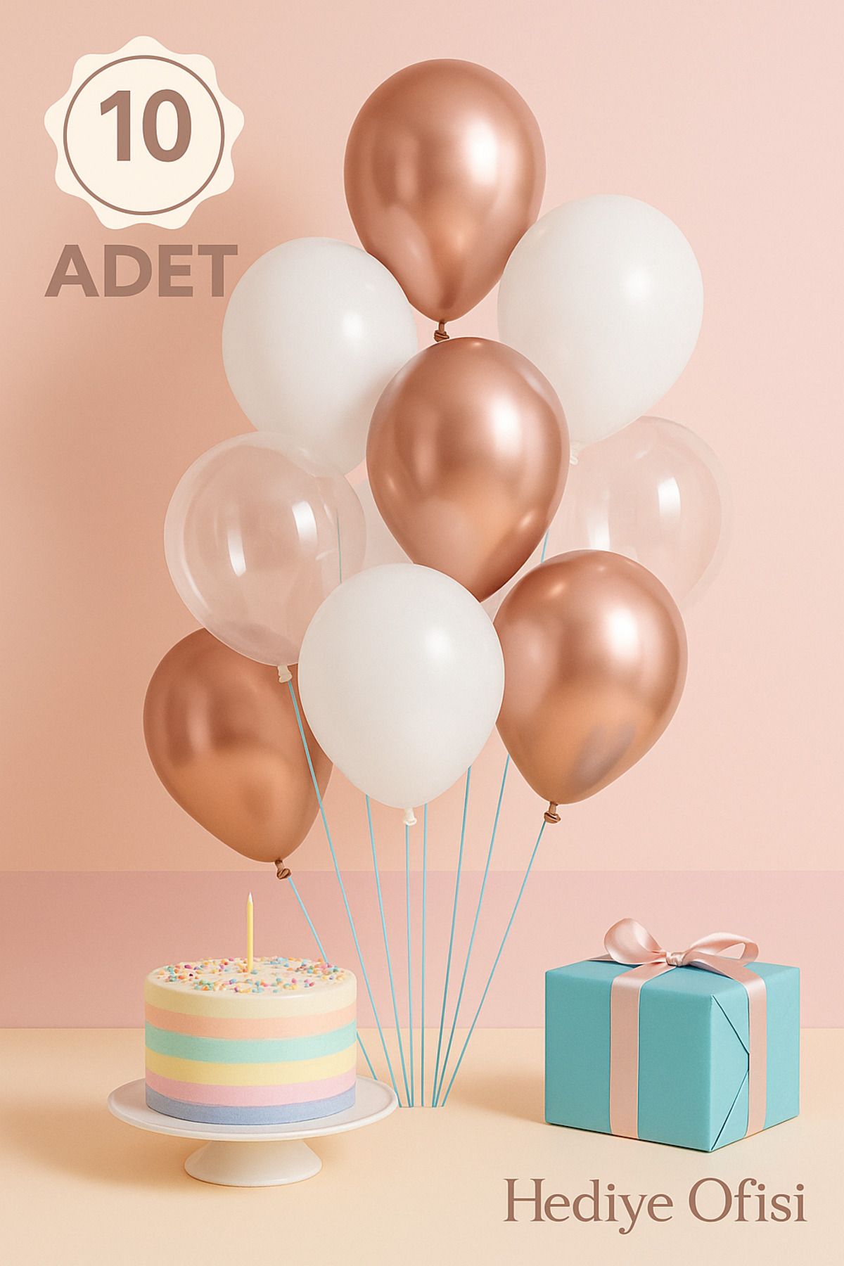 hediyeofisi 10'lu Rose Gold Balon Seti – 4 Krom Rose Gold + 3 Pastel Beyaz + 3 Şeffaf Balon