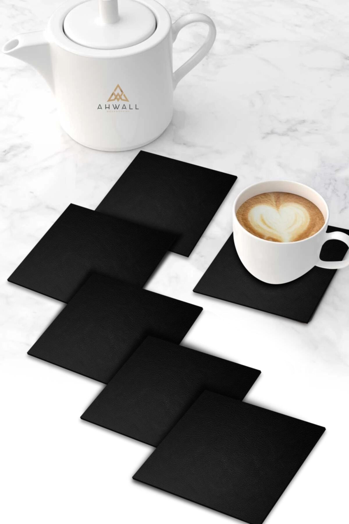 Aoz atölye Siyah Ahşap Bardak Altlığı 6'lı Set