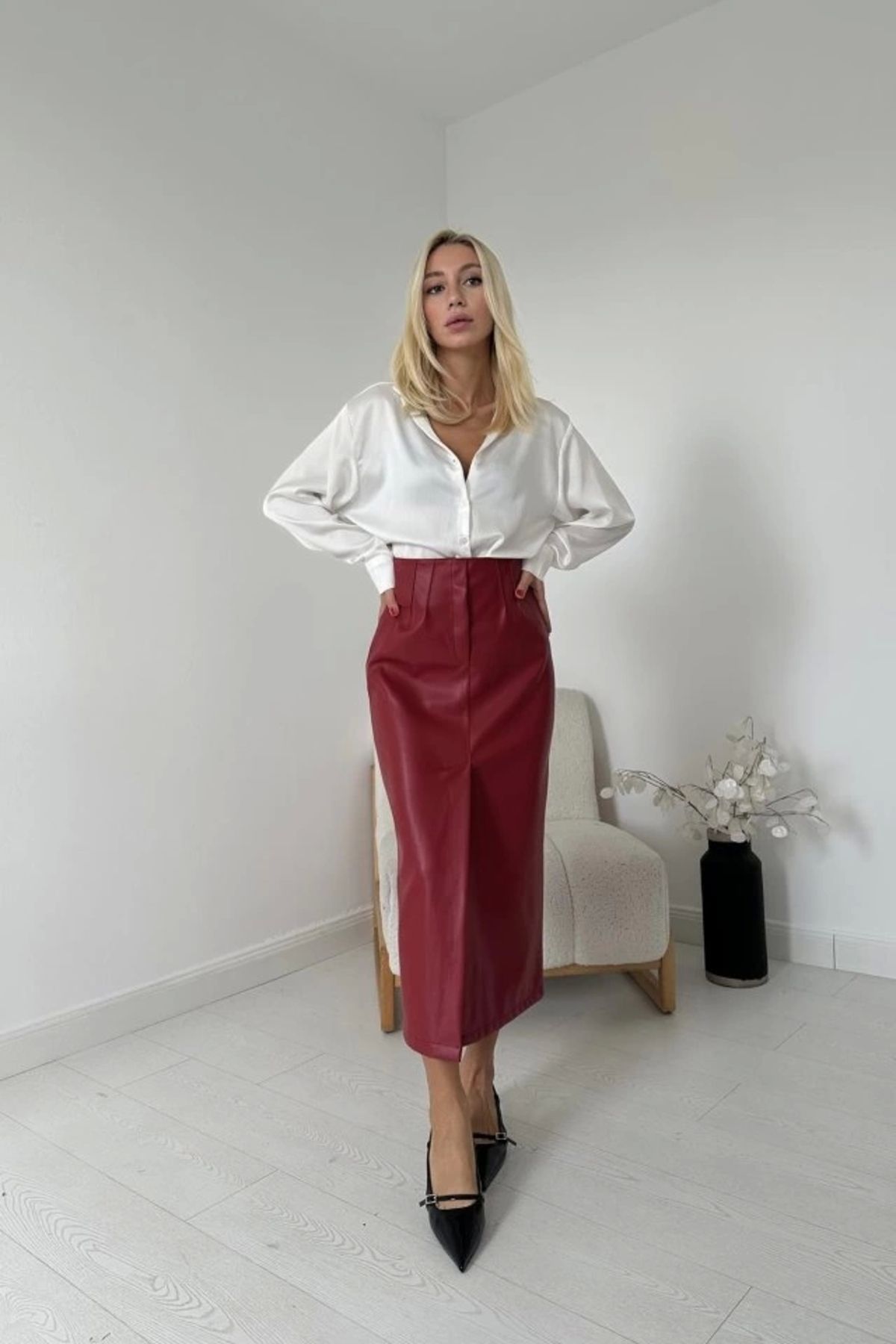 nedo7 Bordo Yırtmaçlı Süs Patlı Etek