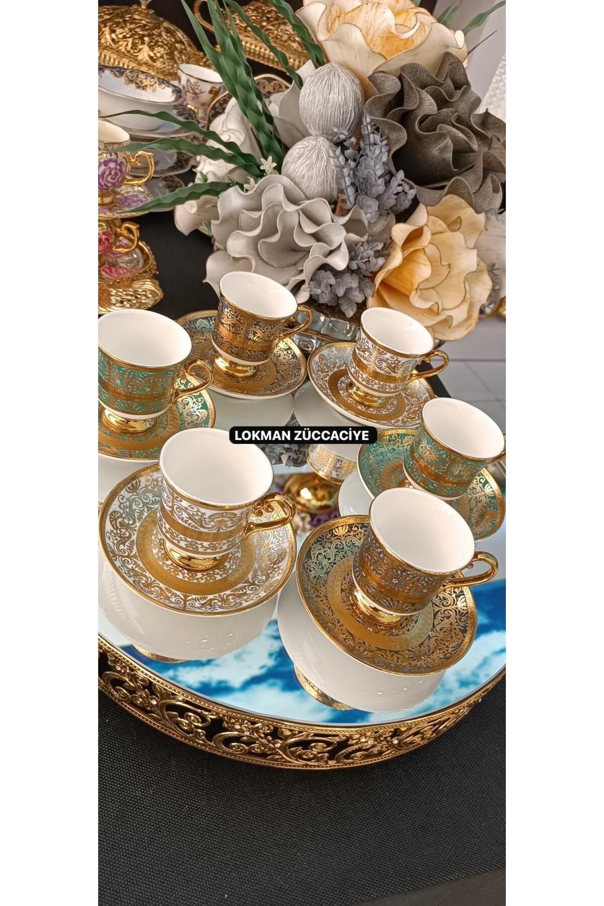 LOKMAN ZÜCCACİYE 6 KİŞİLİK AYAKLI RENKLİ KAHVE FİNCAN TAKIMI (90 ML)