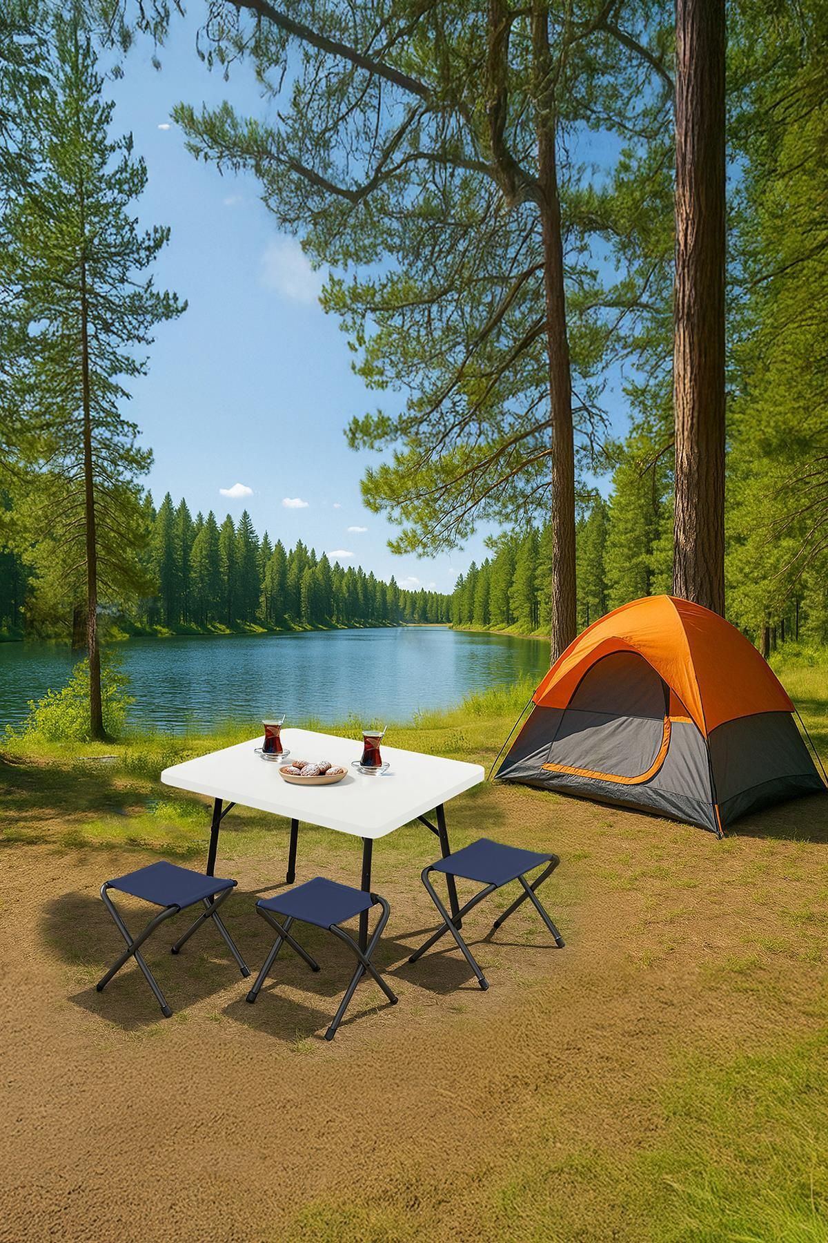 Exent 45X60 cm Kamp Sehpası + 3 Adet LACİVERT Tabure Piknik, bahçe sehpası Katlanır Sehpa-B-3L