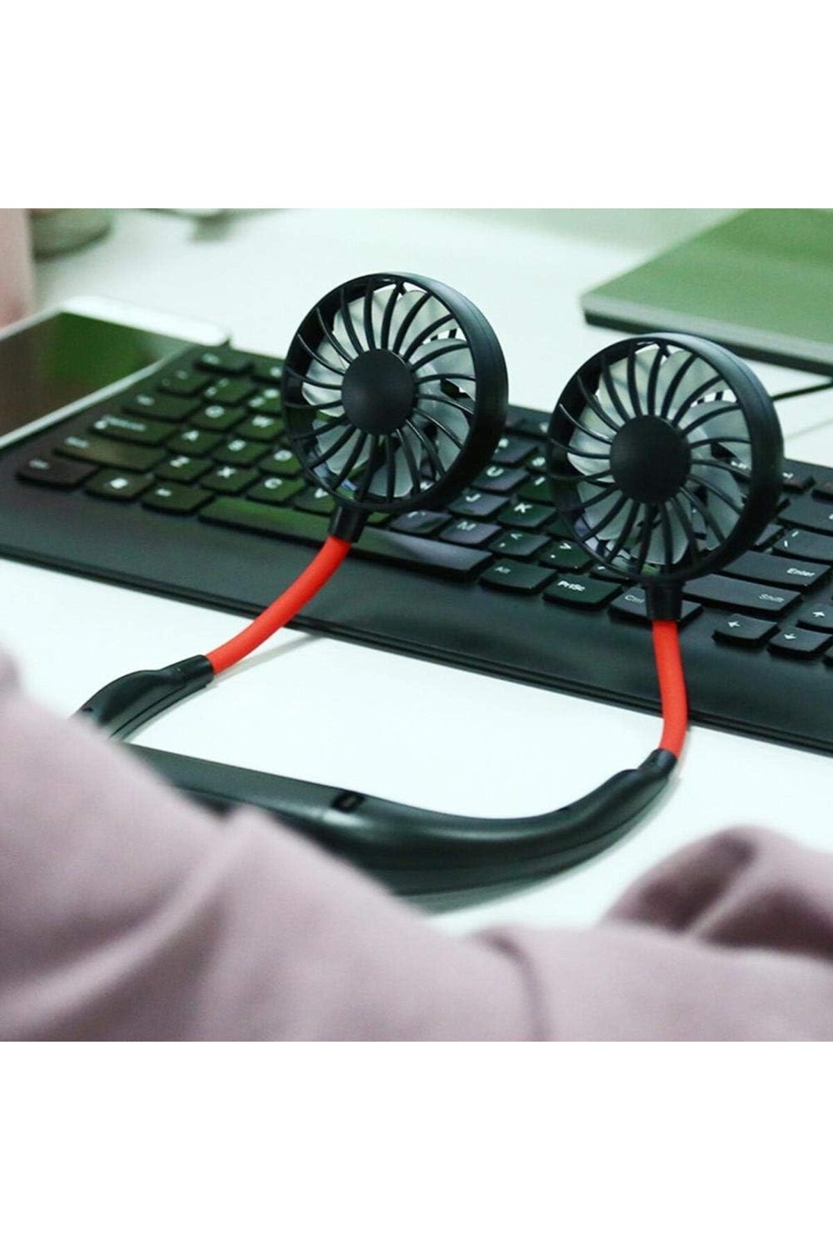 EYKA ELEKTRONİK Boyun Asma Fanı, Taşınabilir Boyun Bandı Fanı Seyahat/Ev/Dış Mekan/Ofis için (Siyah+Kırmızı)