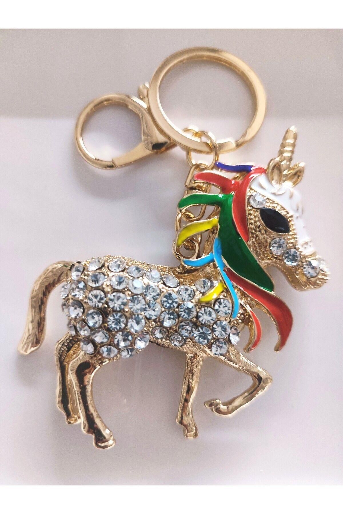 Svc Aksesuar Lüks Hediyelik Zirkon Taşlı Büyük Boy Unicorn Renkli Saçlı At Anahtarlık - Çanta Süsü 10,5 Cm