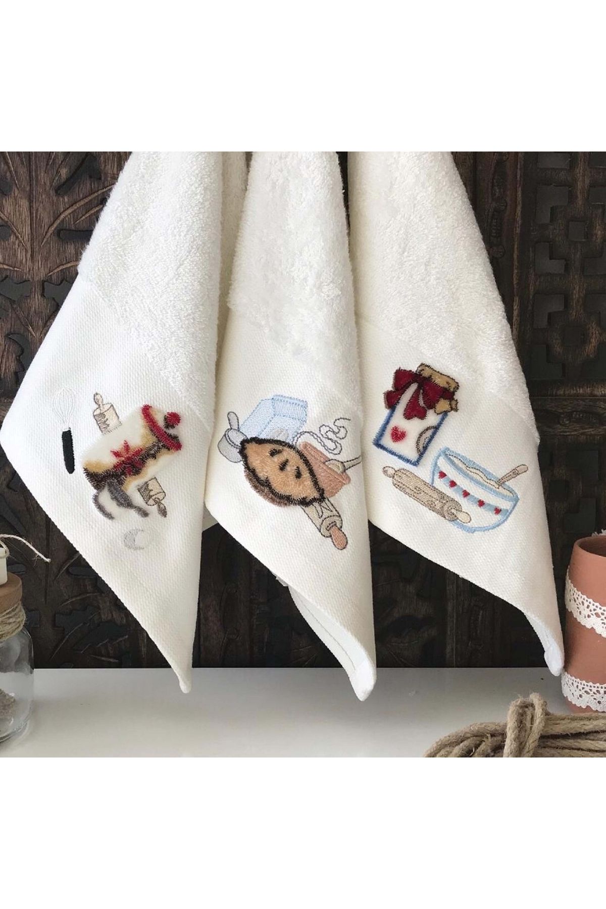 MARİBOR Pratik 1 - Tafting Nakışlı Mutfak Havlusu %70 Bambu / %30 Pamuk - Krem 3'lü Set 30x50