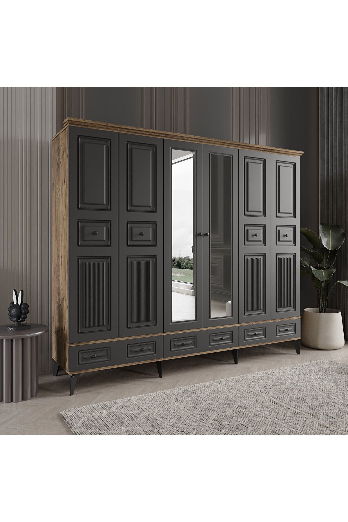 DRNHOME NİL 6 KAPAKLI ANTRASİT GARDIROP TAMAMI MDF