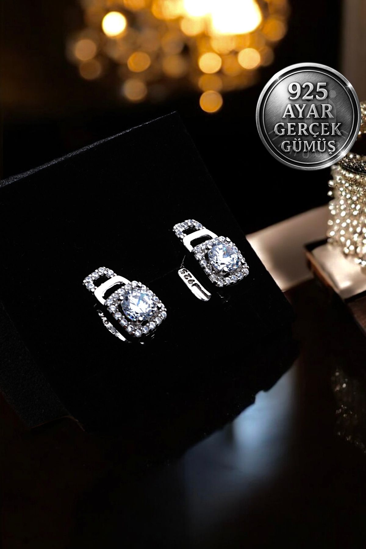 Mimodish 925 Ayar Gerçek Gümüş Kadın Küpe Sevgiliye Hediye Cushion Cut Halo Model 925 Ayar Kadın Gümüş Küpe