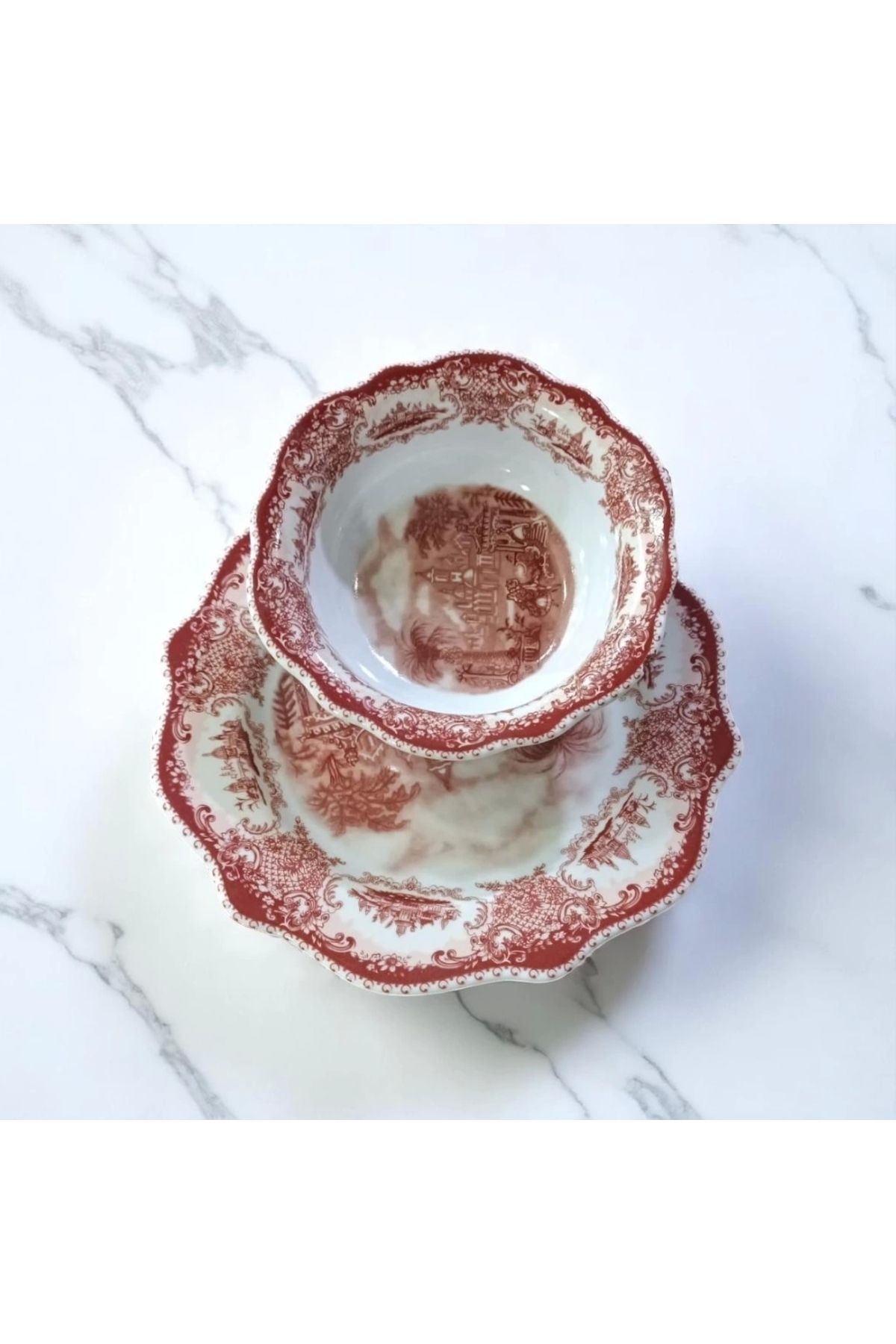 Zuccara Maison 12 Parça Vintage Desenli Porselen Kase ve Tabak Takımı – Bordo