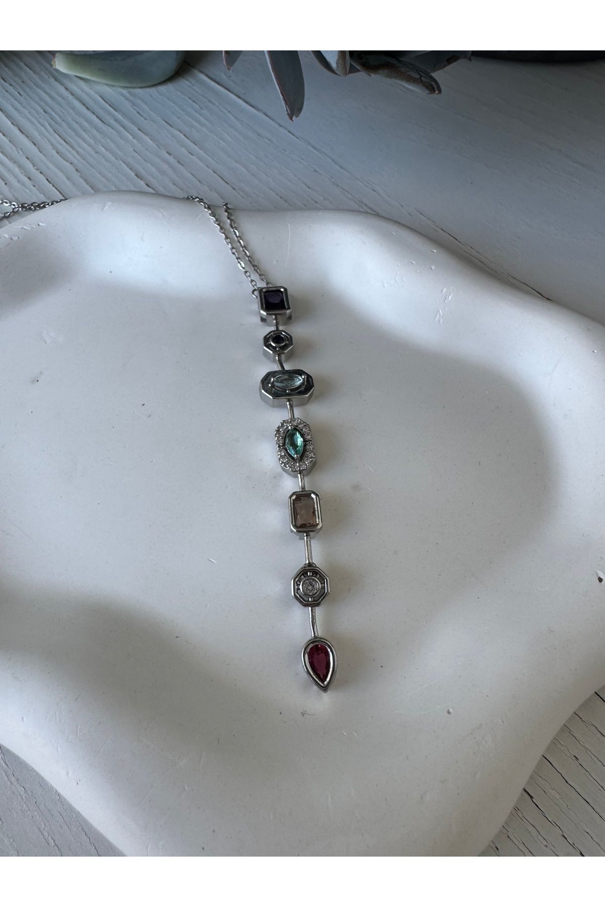 Gilia Jewelry 7 Element Renkli Taşlı Gümüş Renkli Özel Y Tasarım Kolye