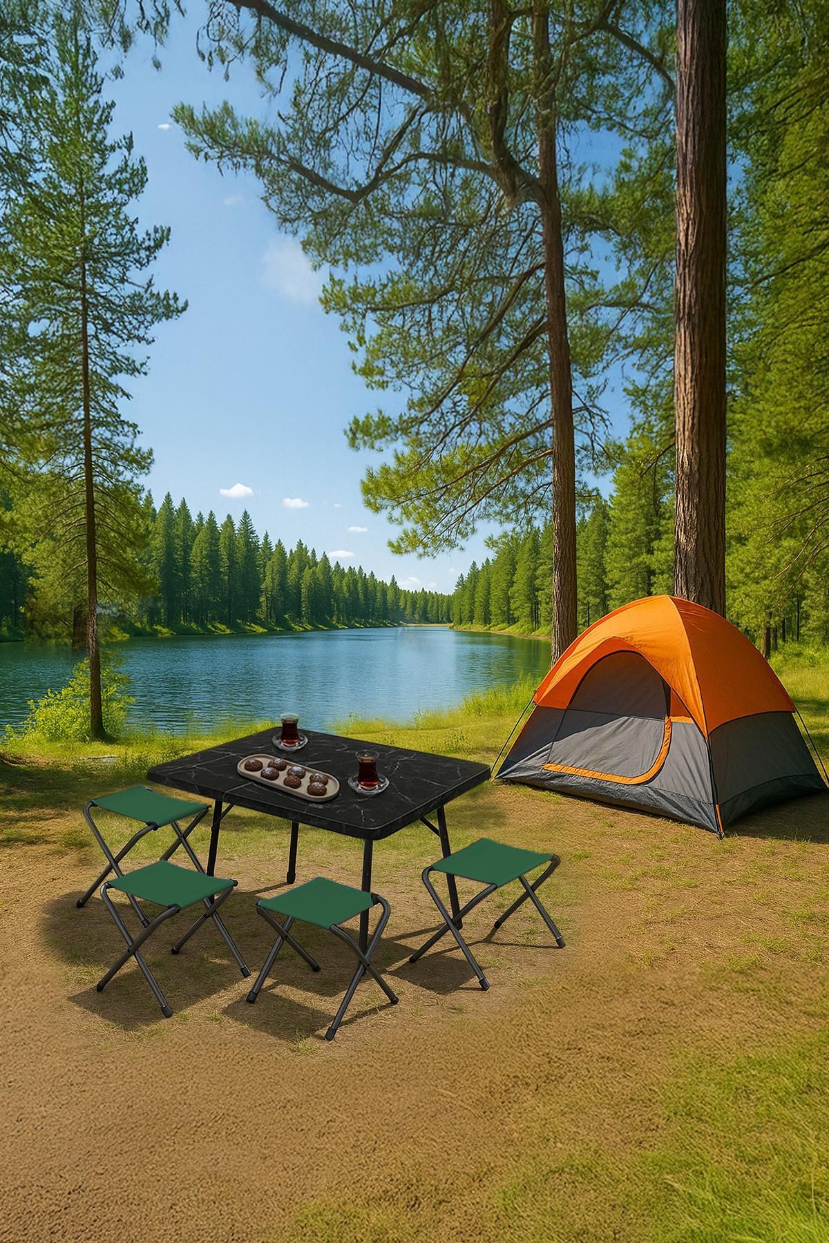 Exent 45x60 Cm Kamp Sehpası + 4 Adet Yeşi̇l Tabure Piknik, Bahçe Balkon Sehpası Katlanır Sehpa-me-4y