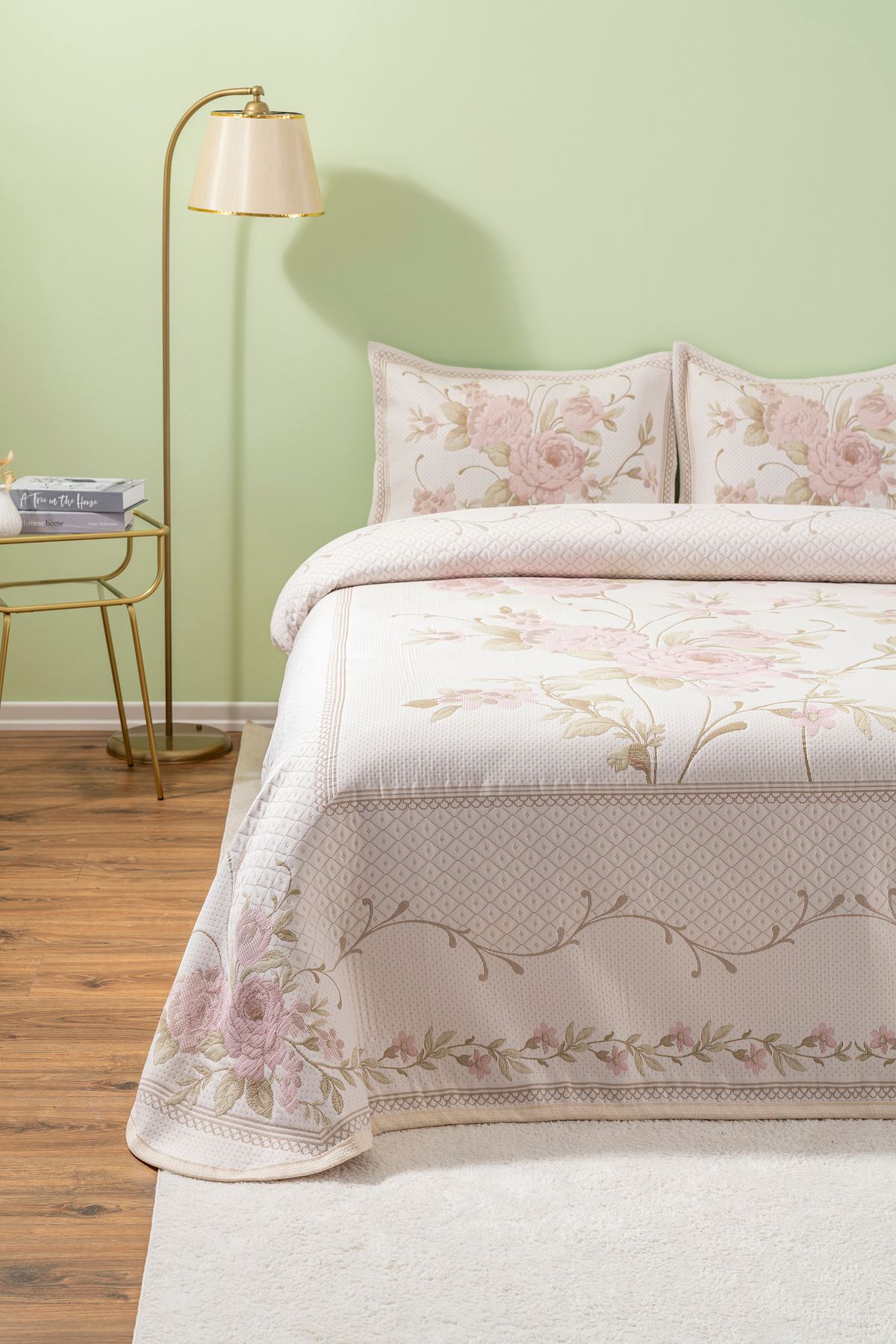 NEEA HOME Roses Love Çift Kişilik Jakarlı Yatak Örtüsü Takımı Naturel Bej Pike Örtü Seti 260x260 cm