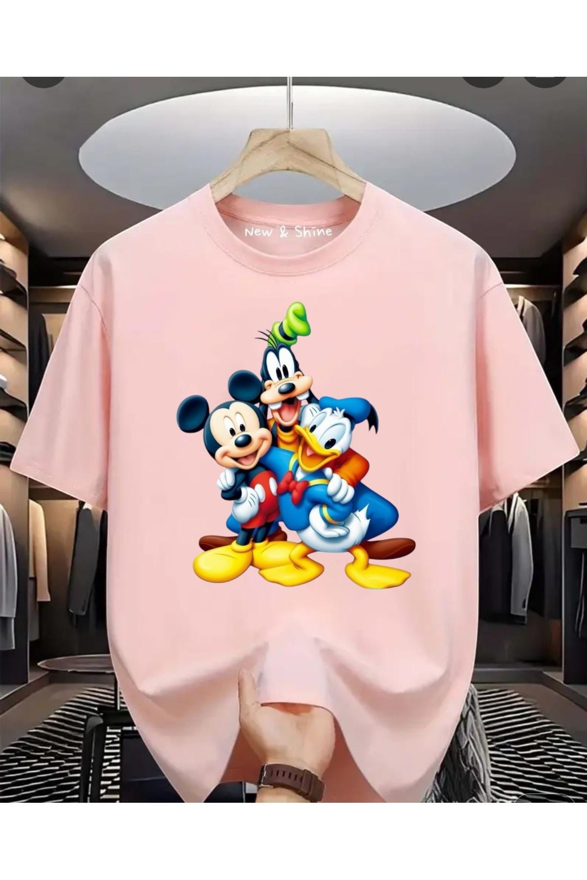 New Shine Mickey Mouse Donald Duck Goofy Baskılı Oversize T-Shirt