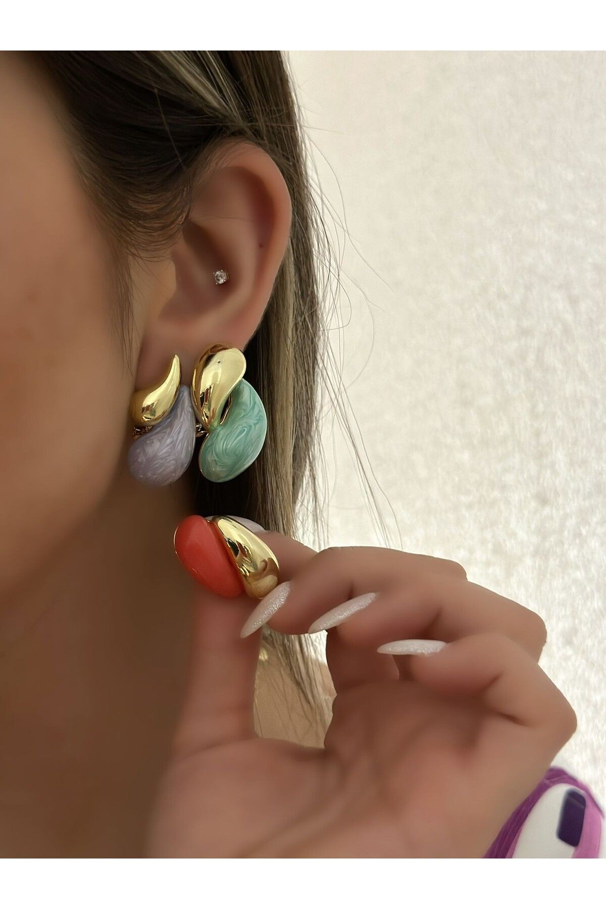 MyladyAccessoriess 14K Altın Kaplama Renkli Damla Küpe Mor
