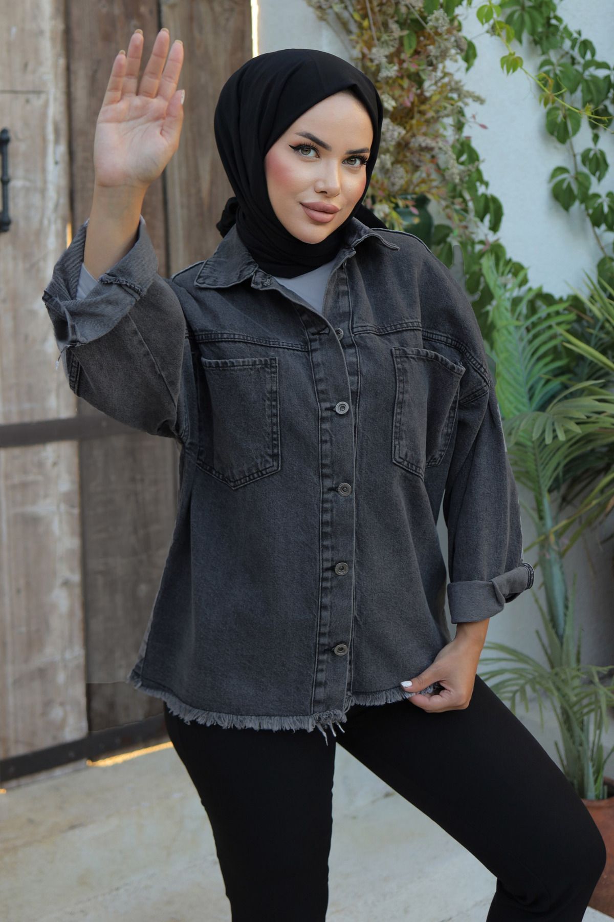 TOFİSA Kadın Oversize Püskül Detay Yaka Cep Kot Ceket Siyah - 26580