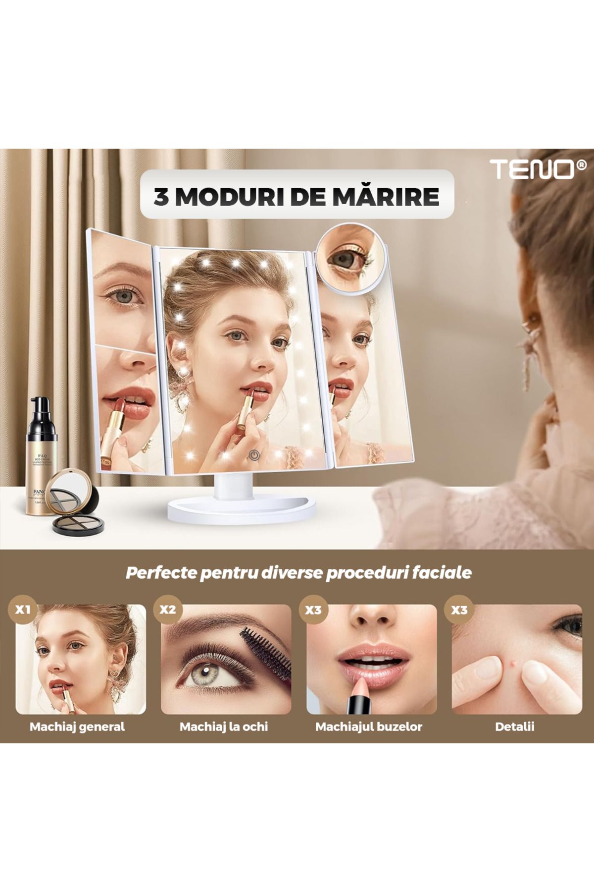 Teno-Teno® Cosmetic Makeup Mirror, 4 magnification modes, makeup stand, white 4