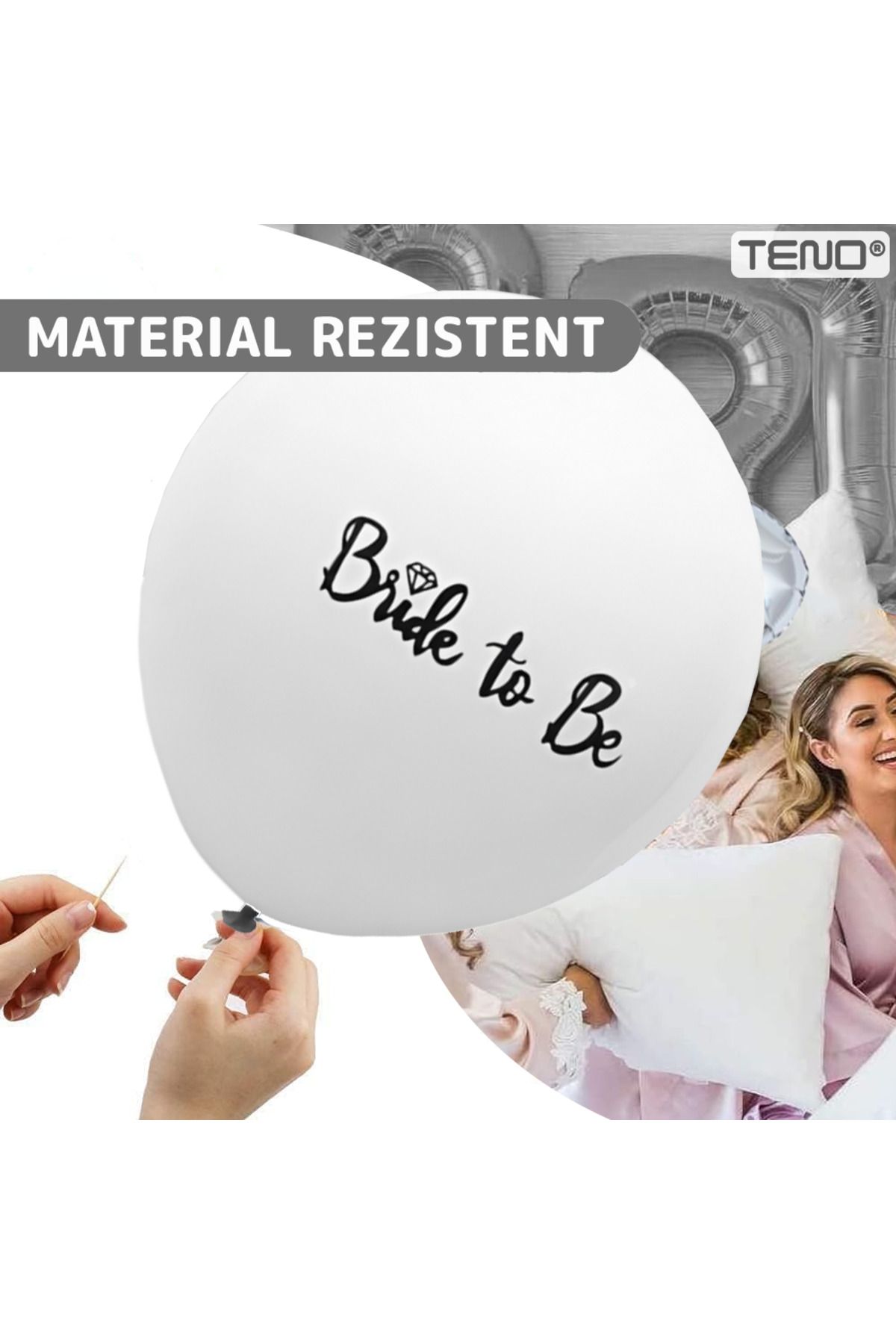 Teno-Set 6 Baloane Teno®, pentru Petreceri/Evenimente, model BRIDE TO BE, 30 cm, alb 4