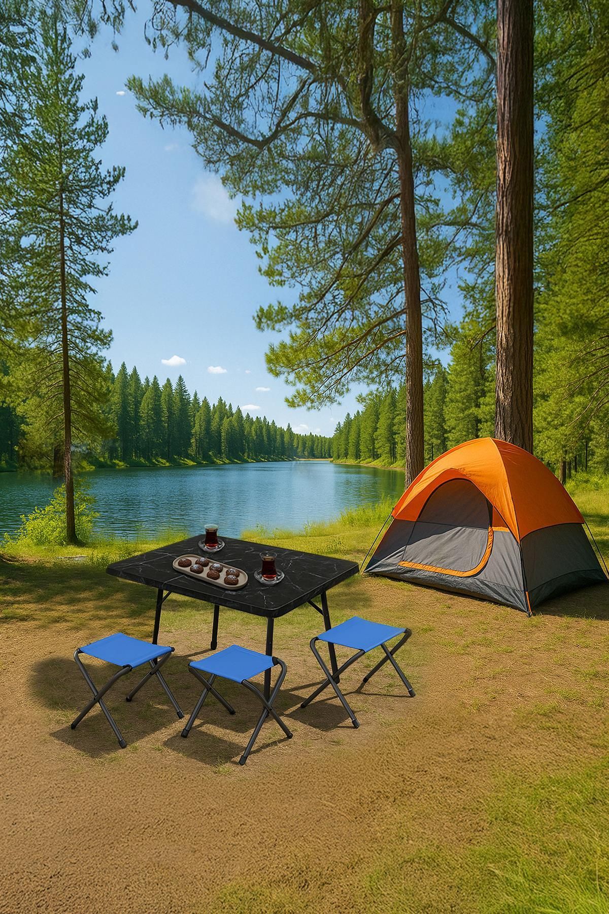 Exent 45X60 cm Kamp Sehpası + 3 Adet MAVİ Tabure Piknik, bahçe balkon sehpası Katlanır Sehpa-ME-3M