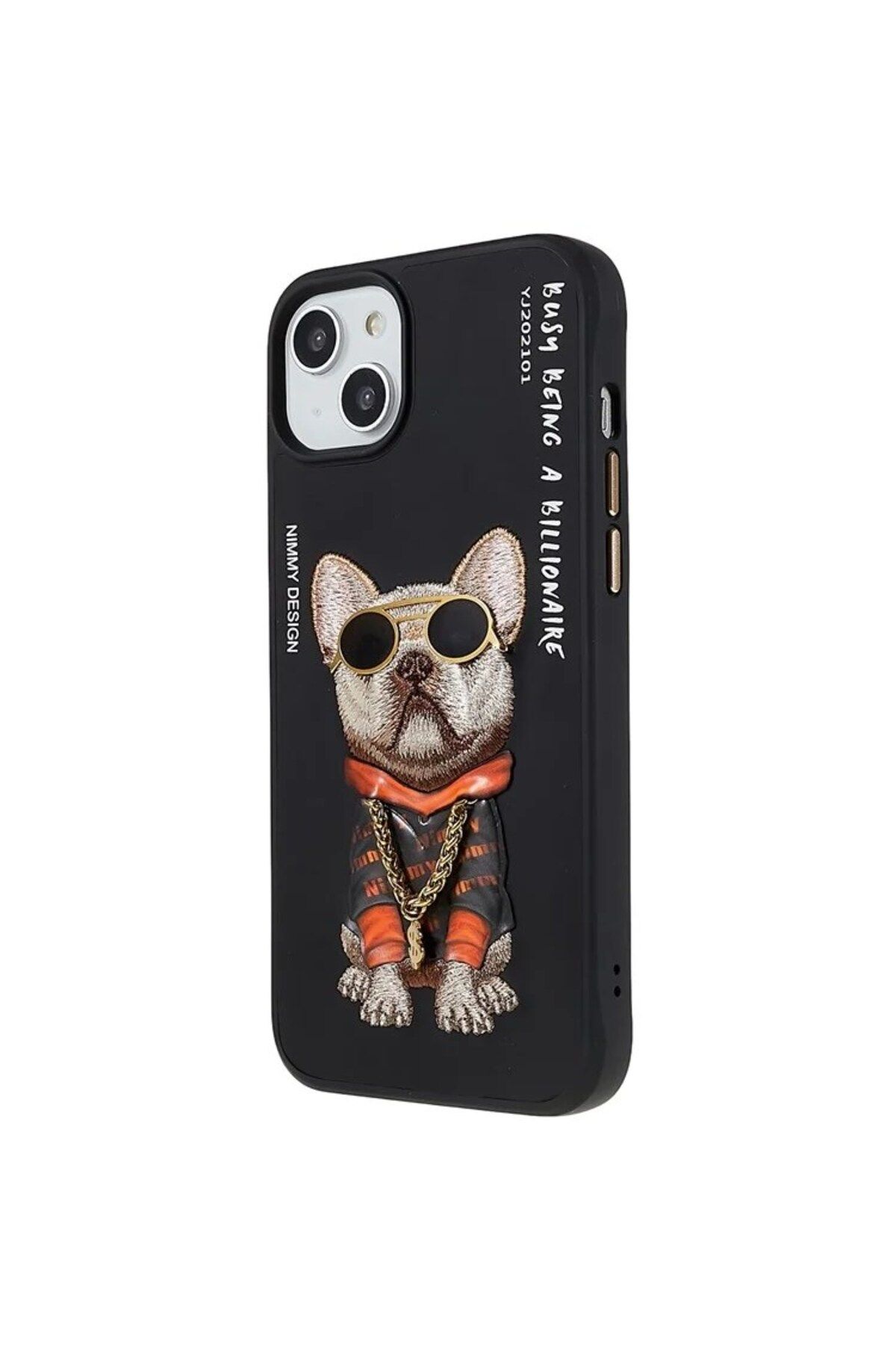 Nimmy iPhone 15 Uyumlu 3D Gözlük Zincir Köpek Detaylı Nakış İşlemeli Kabartmalı Cool Glasses Kılıf