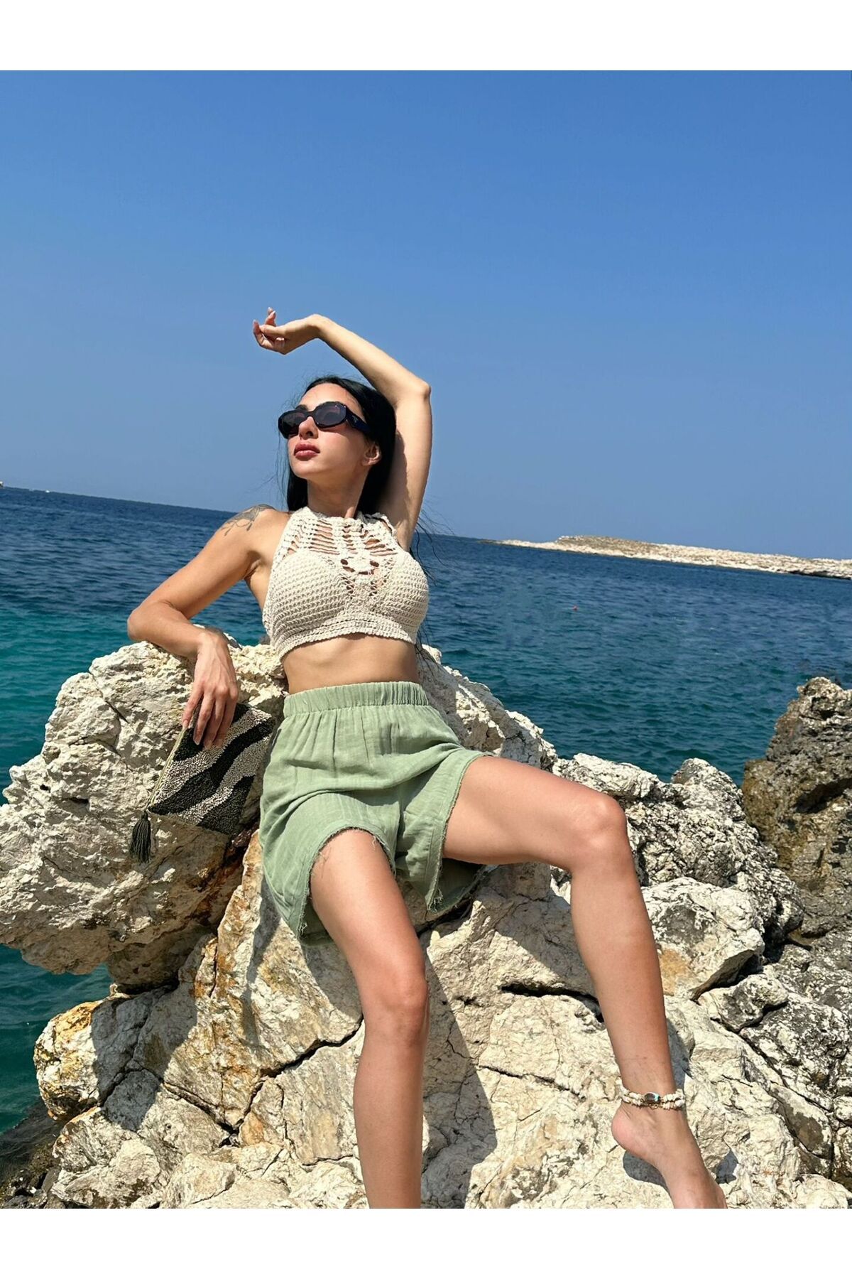 MARE BUTİK Bohem Tarzı El Örgüsü Crop Top (Standart Beden)