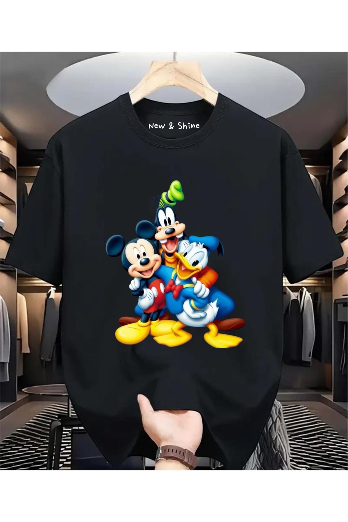 New Shine Mickey Mouse Donald Duck Goofy Baskılı Oversize T-Shirt