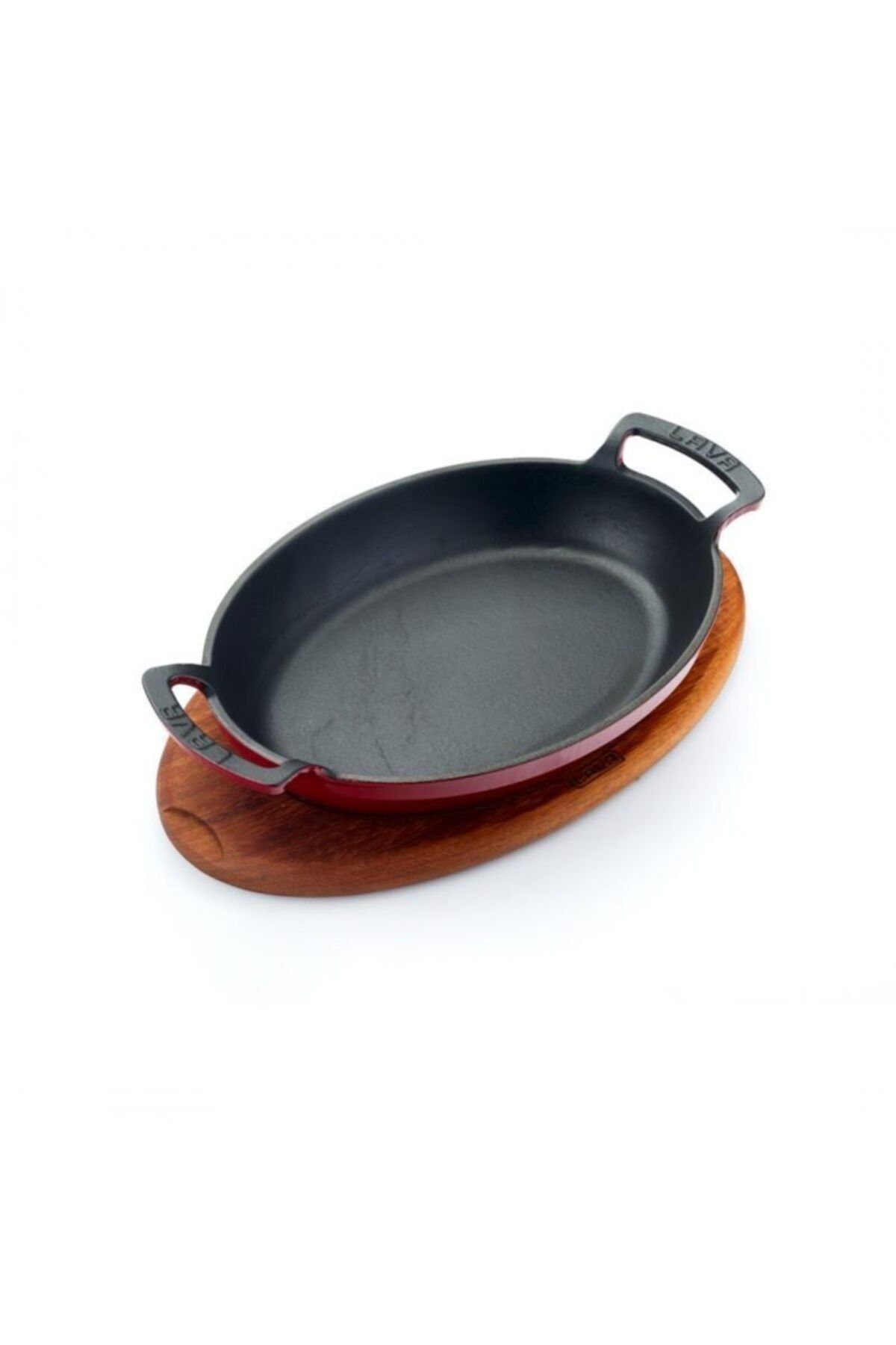 Lava Oval Kulplu Tava Ahşap Altlıklı 27x20 Kırmızı