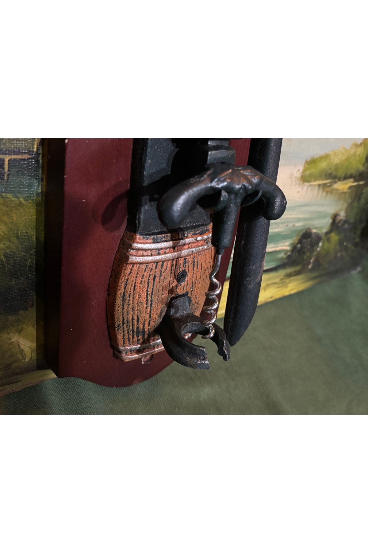 tayfuntufan antika koleksiyon-Wall Mounted Metal Wine Opener Corkscrew on Wooden Base Measures 41 cm 14 cm 4