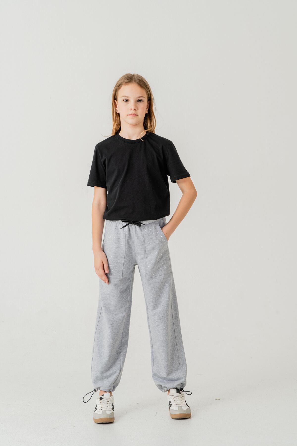 Pocket Rhinestone Leg Brit Elastic Stopper Girl Sweatpants