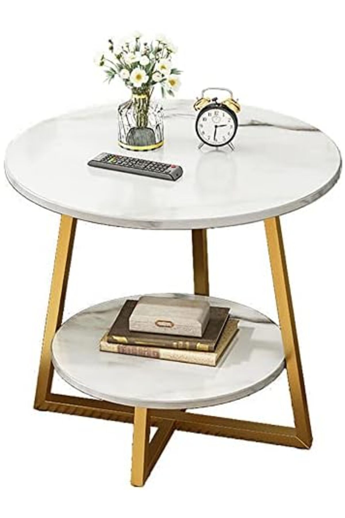 Generic-Round Coffee Table, Double Layer Sofa Side Table End Table, Imitation Marble Coffee Round Table Snac 1
