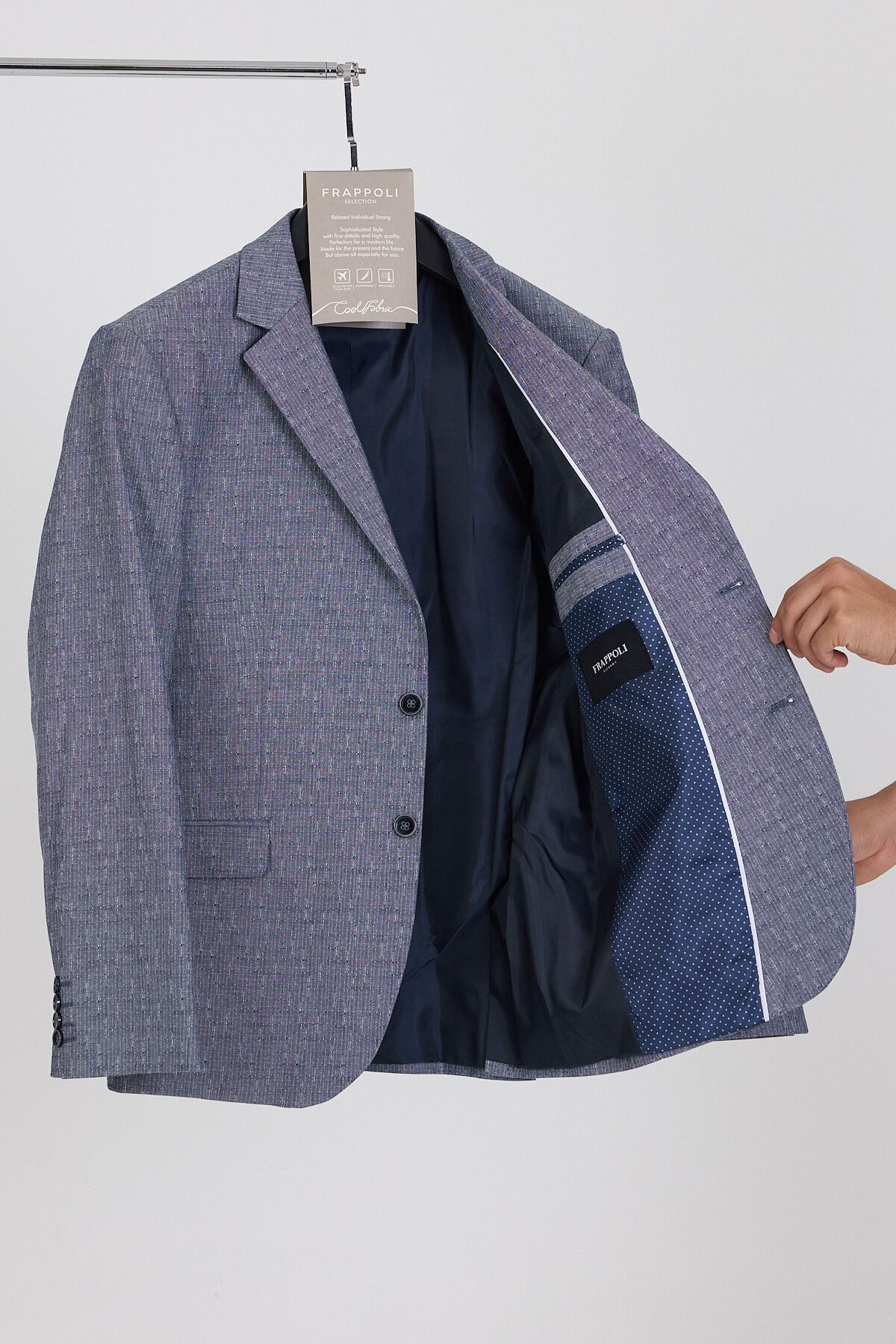 Frappoli Restore Erkek Koyu Lacivert-Gri Likralı Pamuklu Slim Fit Spor Blazer Ceket (Büyük Beden - Battal)