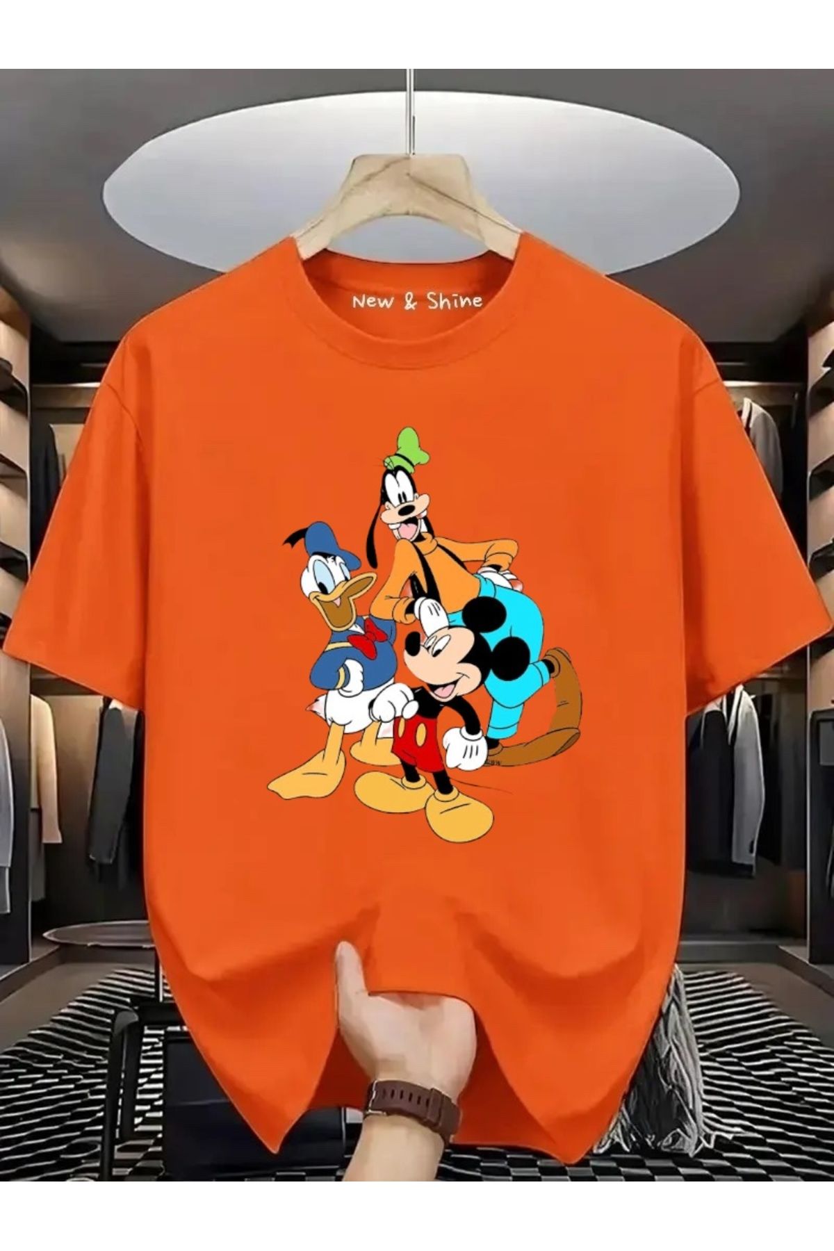 New Shine Mickey Mouse Donald Duck Goofy Baskılı Oversize T-Shirt